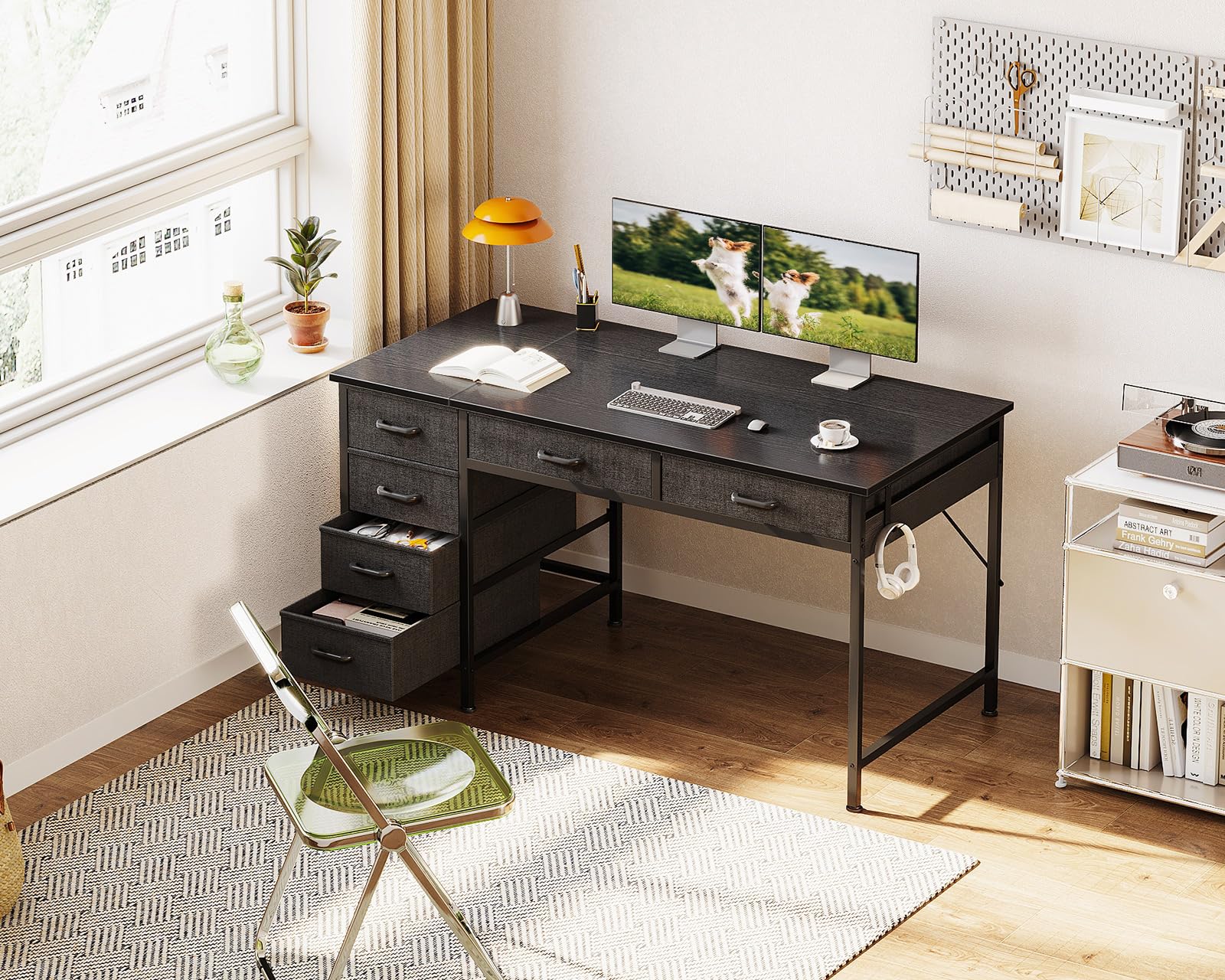 ODK 48 Inch Computer Desk with 6 Drawers - Black Home Office Desk with Storage & Headphone Hook, Reversible Study Table for Bedroom, Perfect for Remote Work & Online Learning
