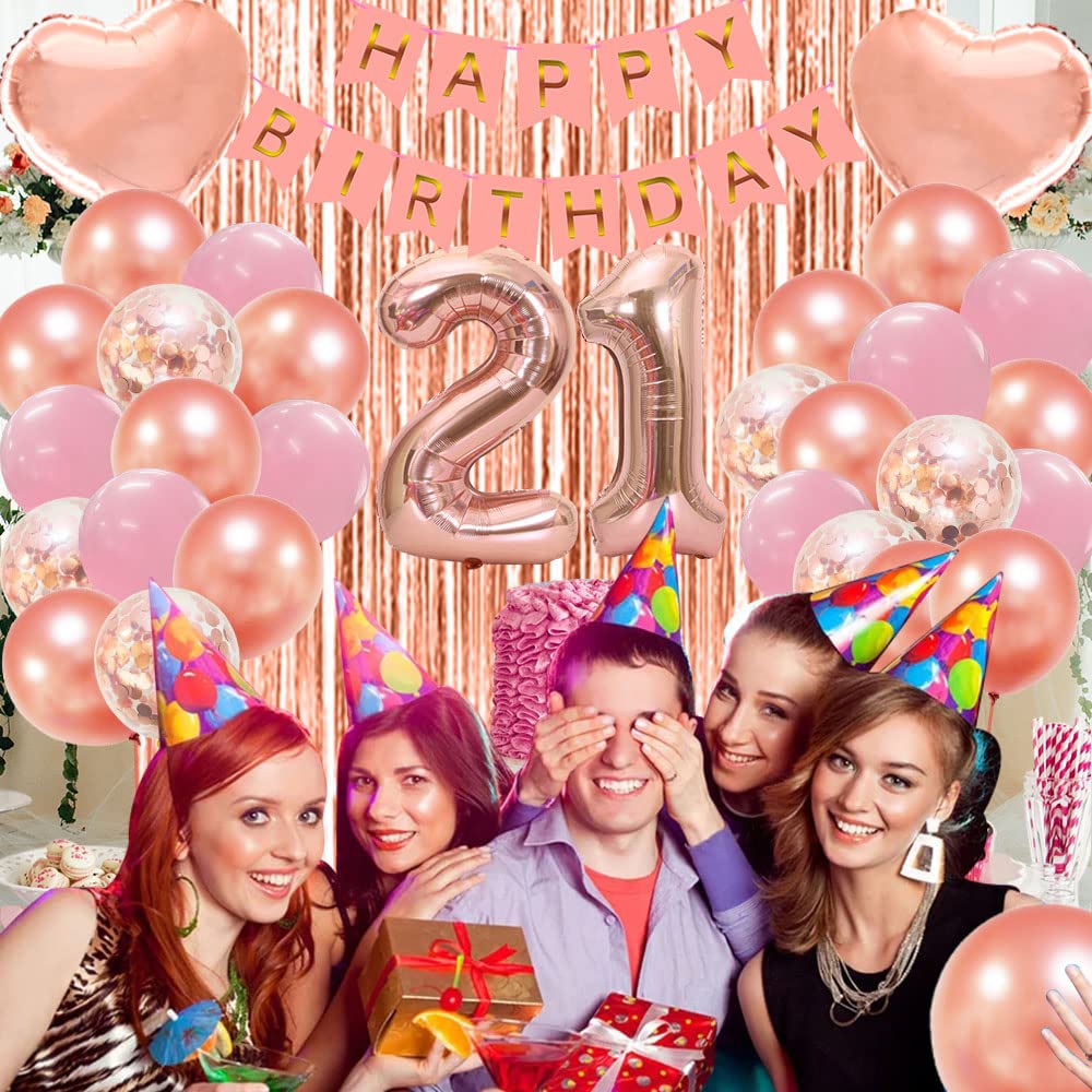 21st Birthday Party Decorations for Women - Rose Gold Balloons, Happy Birthday Banner, Backdrop & Confetti Balloons Set | Perfect for 21st Birthday Celebrations, Bachelorette Parties & Photo Backdrops