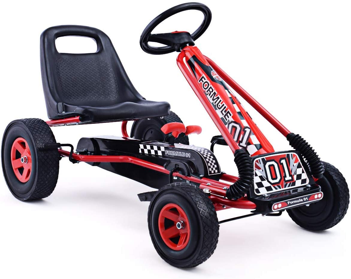 **HONEY JOY Kids Go Kart - 4 Wheel Off-Road Pedal Car with Steering Wheel, Adjustable Seat, 2 Safety Brakes & EVA Tires - Outdoor Ride-On Toy for Boys & Girls - Perfect for Backyard, Park & Driveway Fun (Red)**