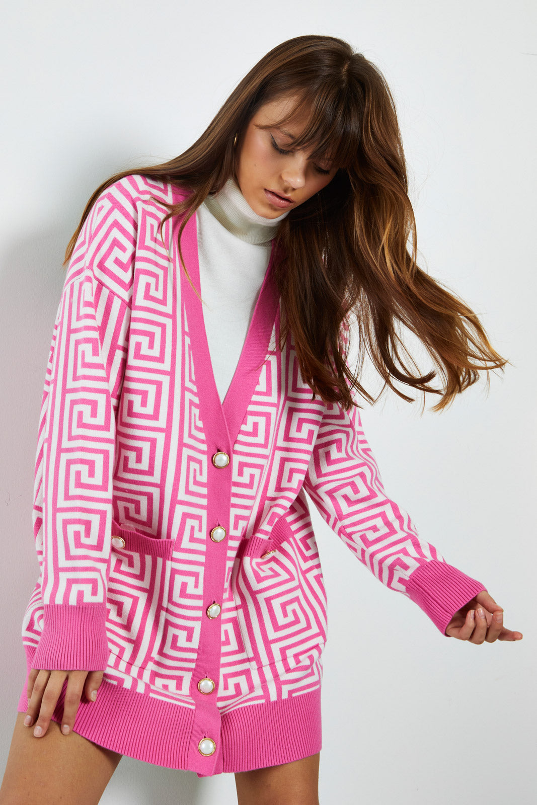 Stylish Pink Geo Cardigan for Women - Trendy Knit Sweater with Geometric Pattern | Perfect for Casual Outfits, Office Wear & Fall Layering