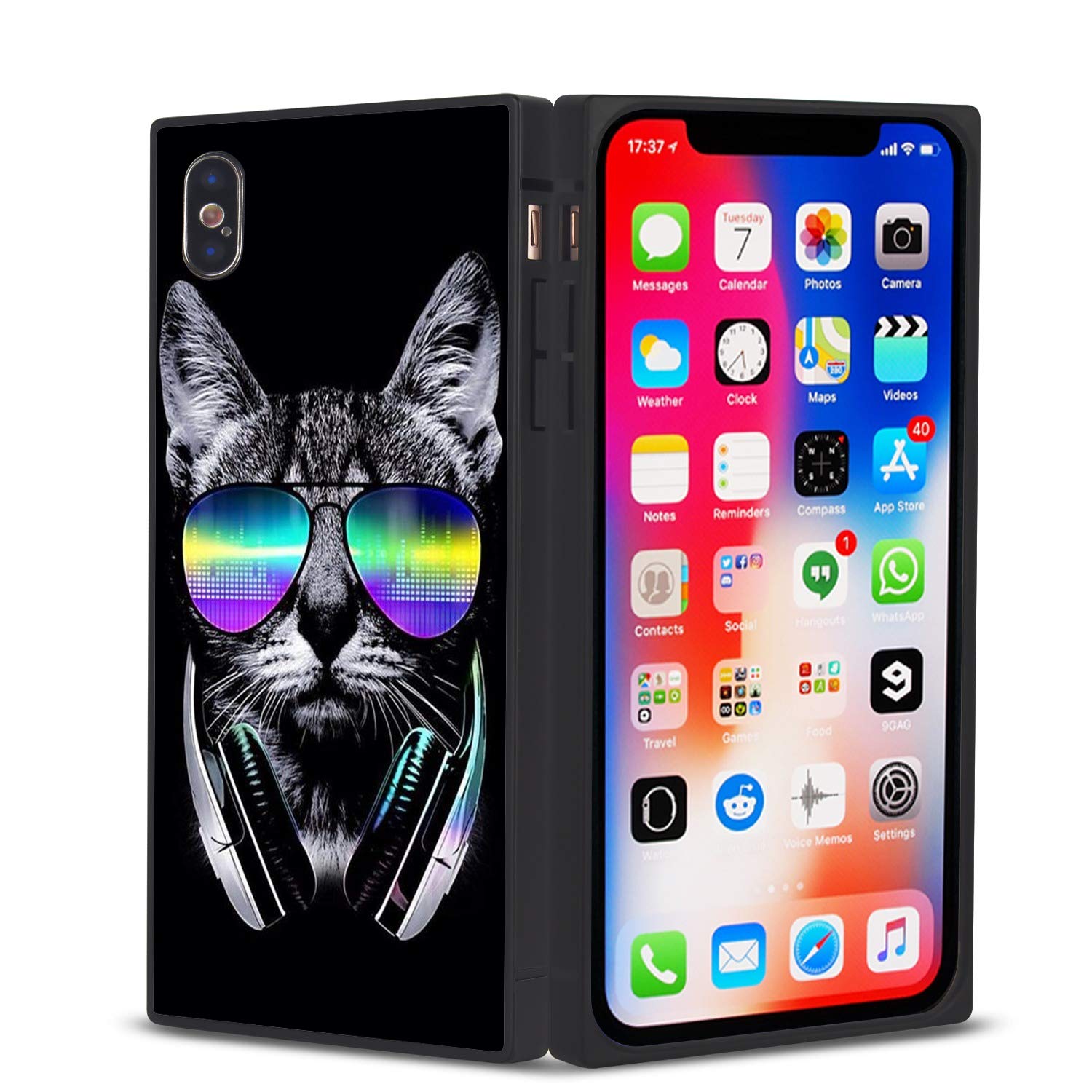 Shockproof Black TPU Silicone Protective Case for iPhone X/10/Xs - Durable Rectangle Phone Cover with Headset Cat Design | Perfect for Daily Use, Travel & Outdoor Activities