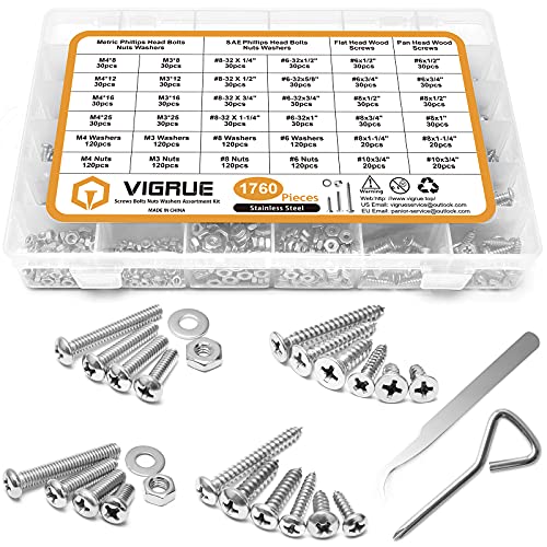 VIGRUE 1760-Piece Screws, Bolts, Nuts & Washers Assortment Kit - 28 Common SAE & Metric Sizes - Hardware Fastener Set for DIY, Home Repair, Automotive & Woodworking Projects