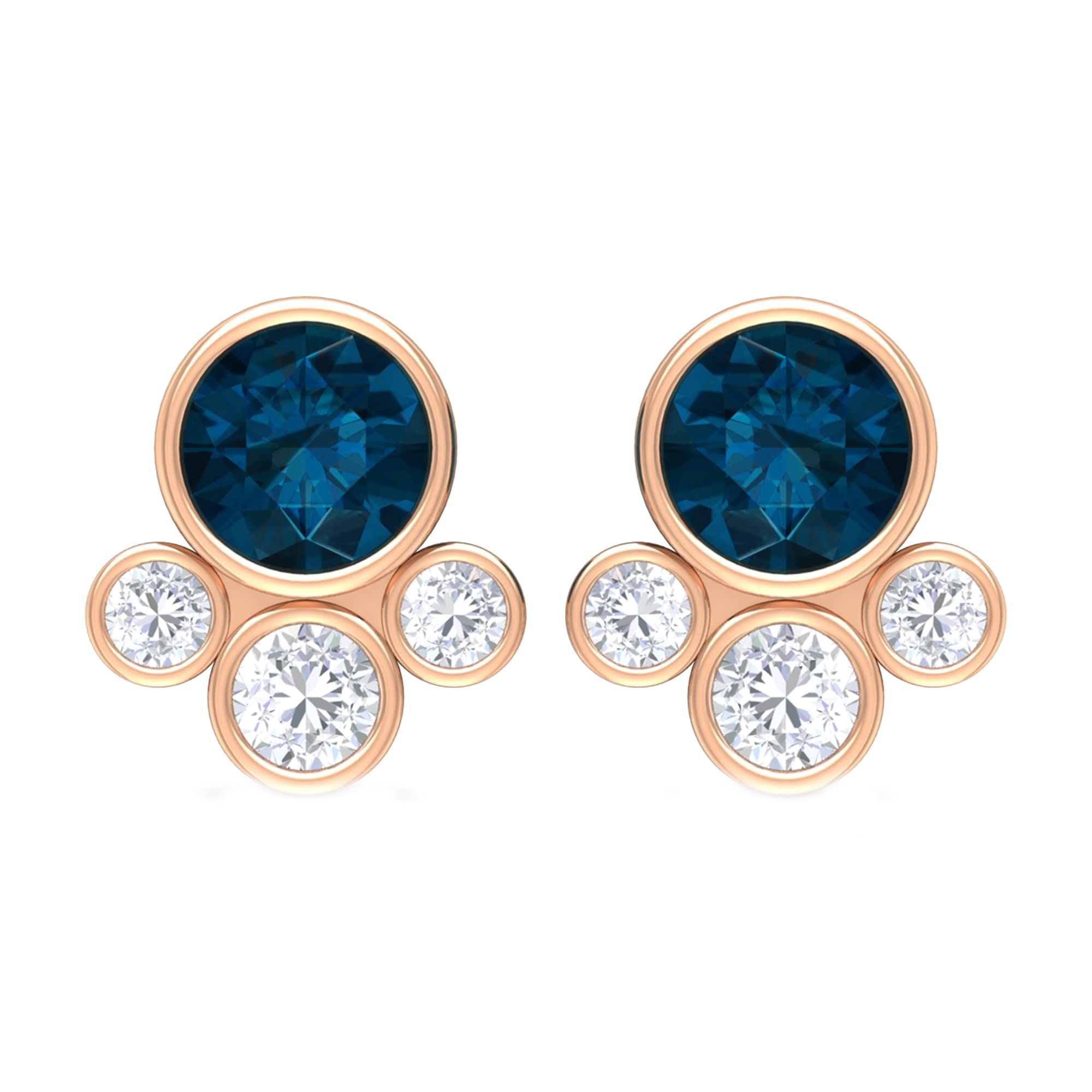0.25 CT London Blue Topaz and Diamond Stud Earrings in 14K Solid Gold - Elegant Blue Topaz Cluster Earrings for Women - Perfect for Weddings, Parties & Everyday Wear