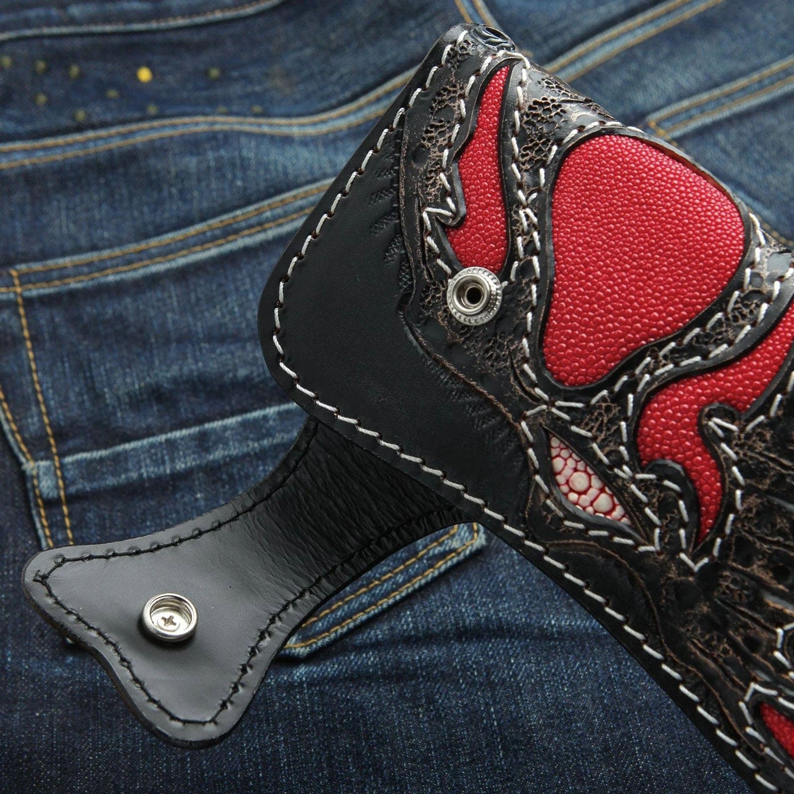 Handcrafted Red Demon Stingray Leather Biker Wallet - Genuine Exotic Leather Money Clip Wallet for Men - Perfect for Motorcycle Riders, Bikers & Gift Giving