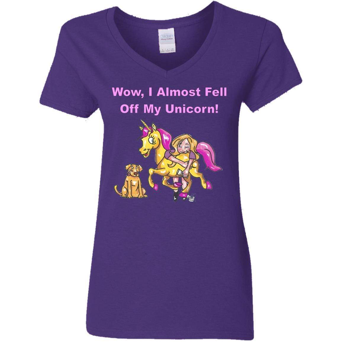 Wow I Almost Fell Off My Unicorn Women's V-Neck T-Shirt | Funny Sarcastic Graphic Tee | Perfect for Birthday Gifts & Girls Night Out