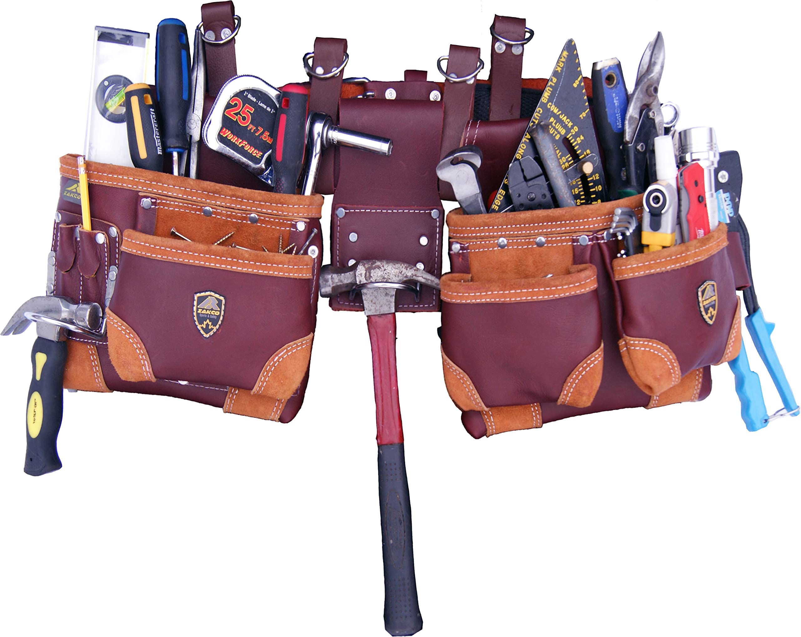 Zakco PRO-20 Oil Tanned Genuine Grain Leather Tool Belt for Construction, Framing & Roofing - Heavy Duty Leather Work Belt with Tool Pouches - Perfect for Carpenters, Drywallers & Contractors (Maroon)