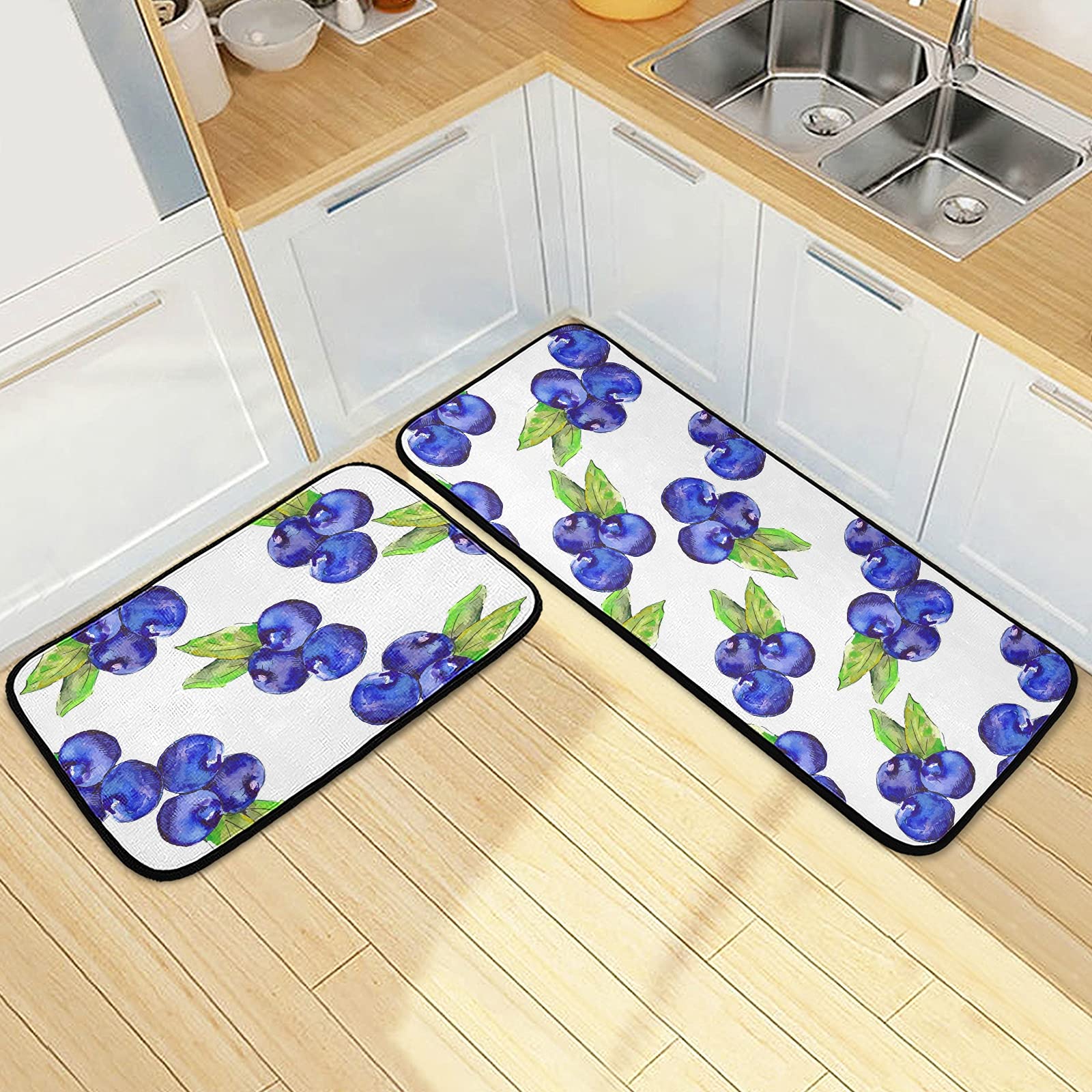 Premium Anti-Fatigue Kitchen Mat Set of 2 - Non-Slip Washable Memory Foam Cushioned Rugs for Comfortable Standing - Perfect for Kitchen, Office Desk, Sink Area & Laundry Room - Blueberries Themed Home Decor