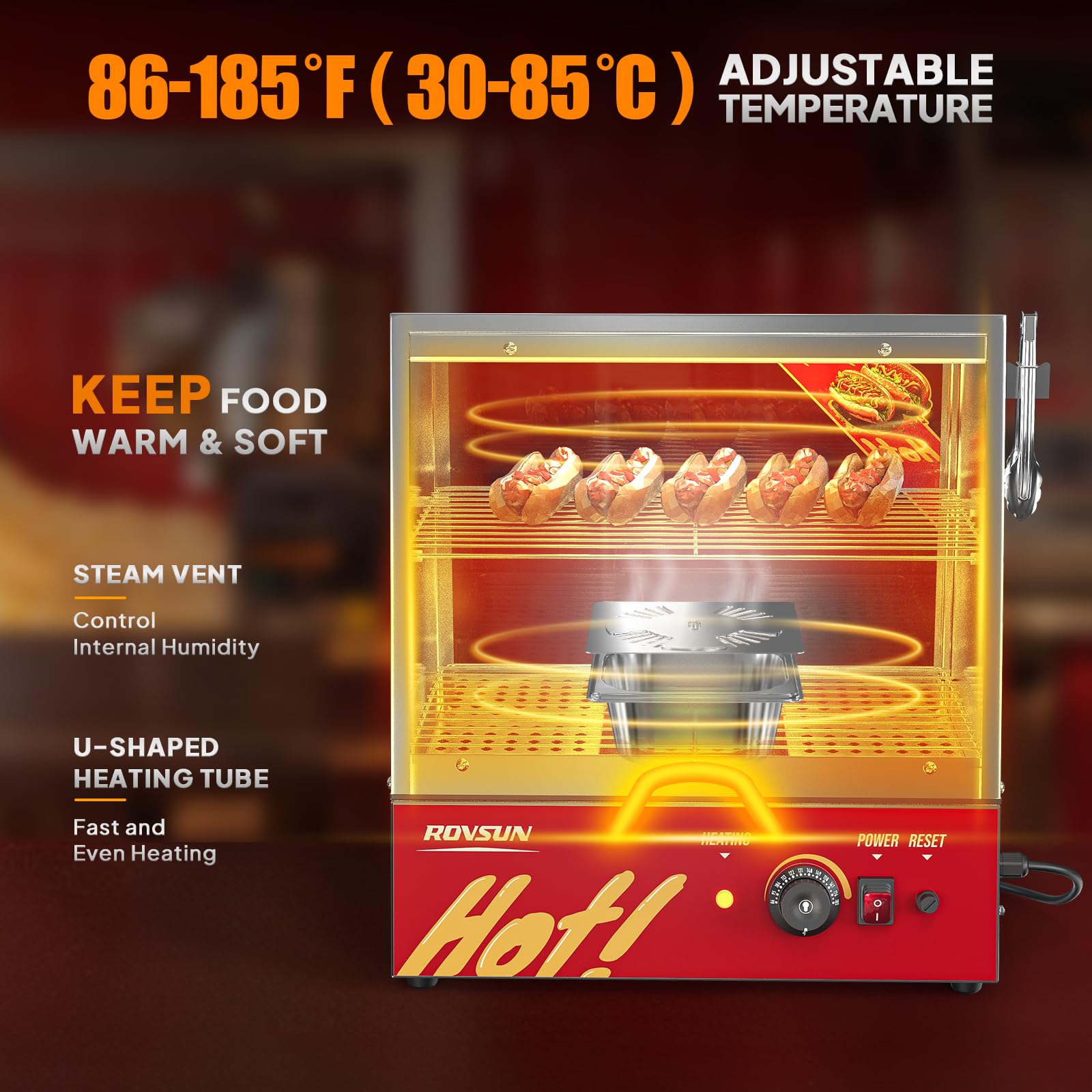 ROVSUN 32QT/30L Commercial Hot Dog Steamer with Bun Warmer – 2-Tier Stainless Steel Hot Dog Cooker for 175 Hot Dogs & 40 Buns – Perfect for Party Events, Concession Stands & Food Trucks – Removable Shelves & Food Clip Included