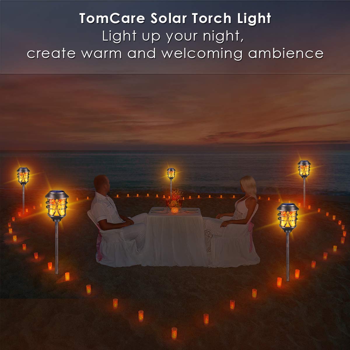 TomCare Solar Torch Lights - 4 Pack Metal Flickering Flame Outdoor Solar Lights, Waterproof Garden Pathway Lighting for Patio, Yard, Pool - Auto On/Off Dusk to Dawn - Perfect for Landscape Decoration & Backyard Ambiance