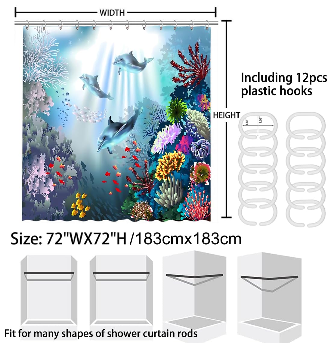 Bella Ocean Coral Reef and Wildlife Shower Curtain Set with Bath Rugs & Accessories - Waterproof Polyester Fabric & Memory Foam - Tropical Beach Theme Printed Bathroom Decor for Coastal, Nautical or Vacation Home Style