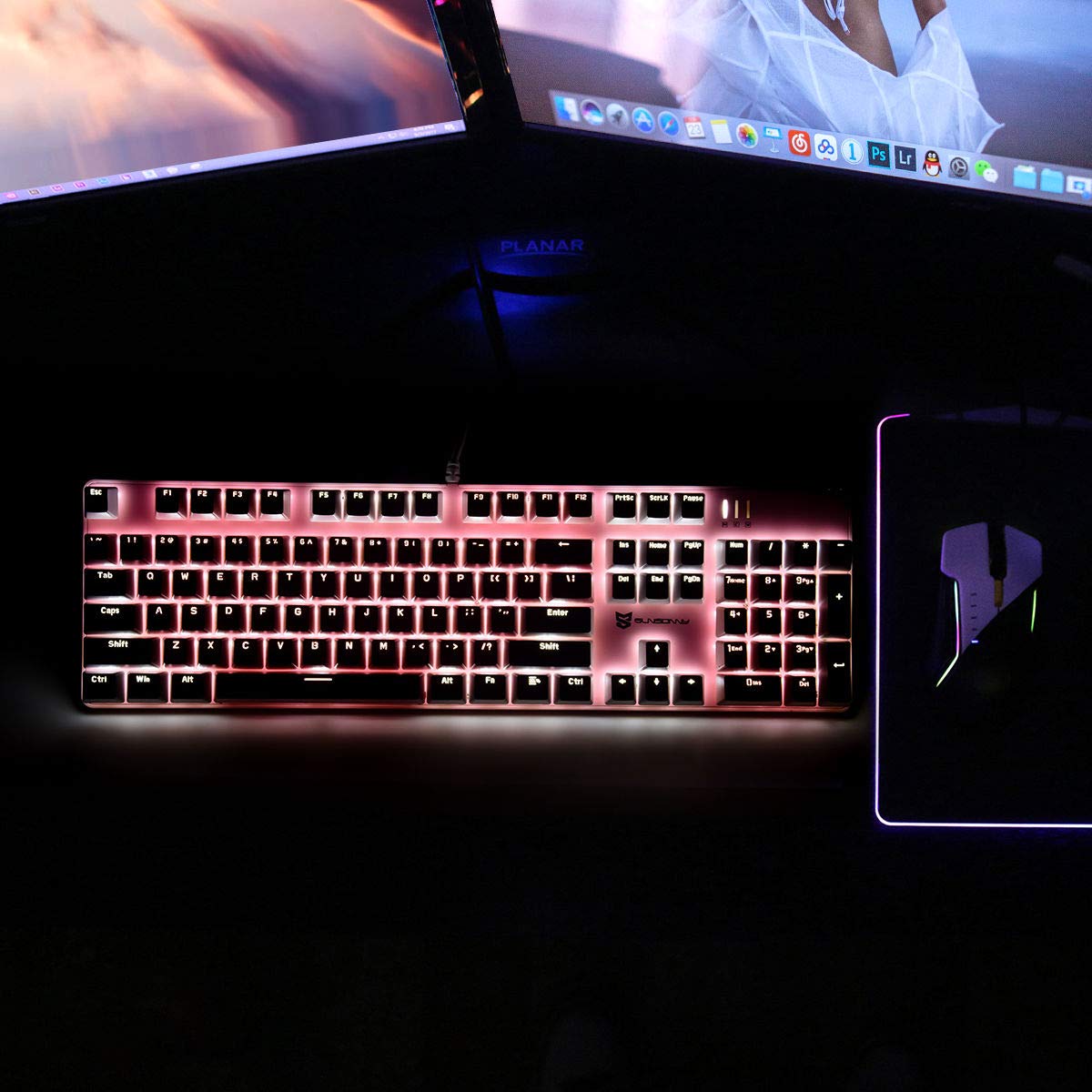 Qisan Mechanical Gaming Keyboard - Wired USB Backlit Keyboard with Blue Switches, Full Size 104 Keys, US Layout (White & Pink) - Perfect for PC Gaming, Office Work, and Typing Enthusiasts