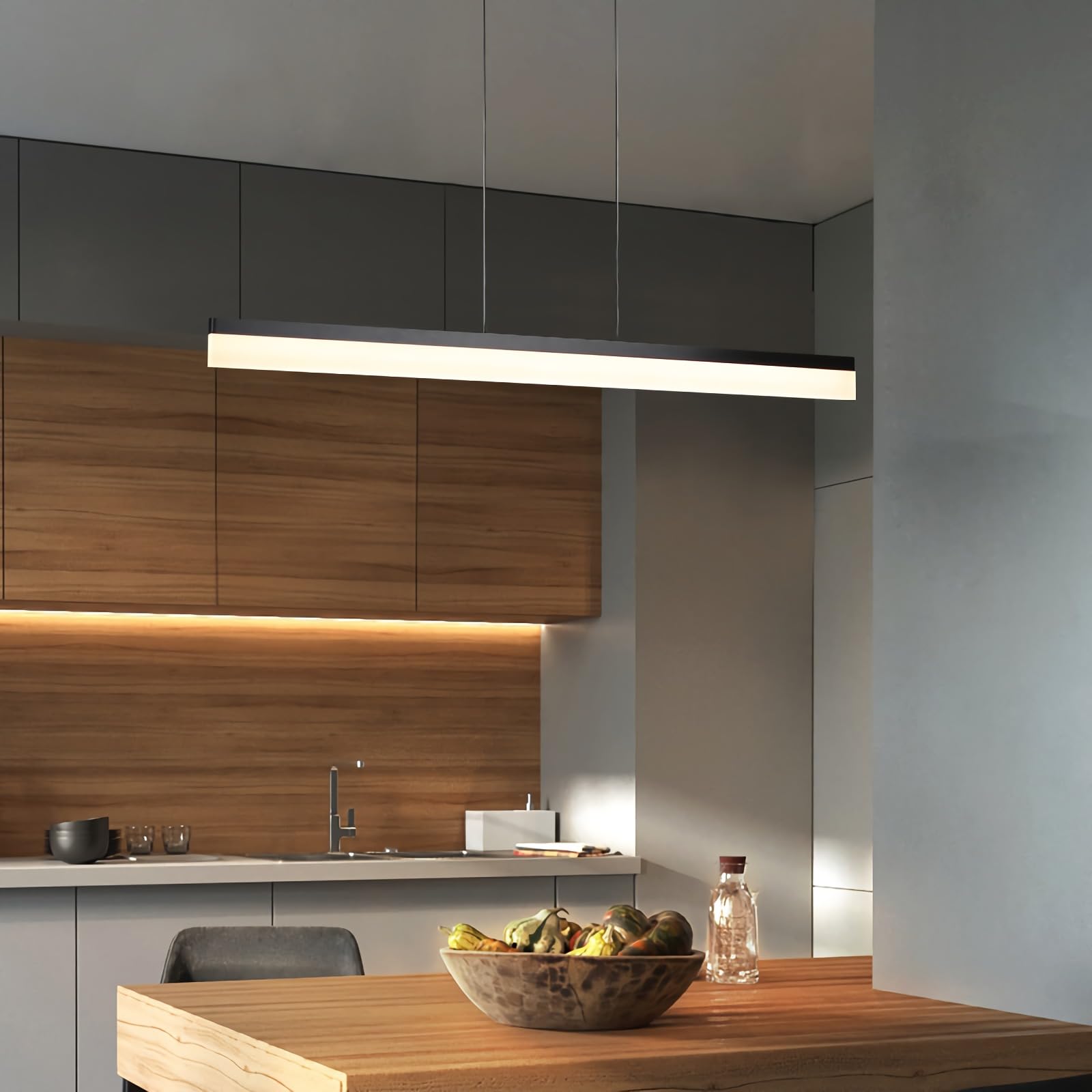 47-inch Adjustable Linear Pendant Light Fixtures - 30W Dimmable LED Kitchen Island Lighting & Dining Room Chandelier - Black Aluminum Modern Hanging Light for Home Decor, Restaurants, and Office Spaces