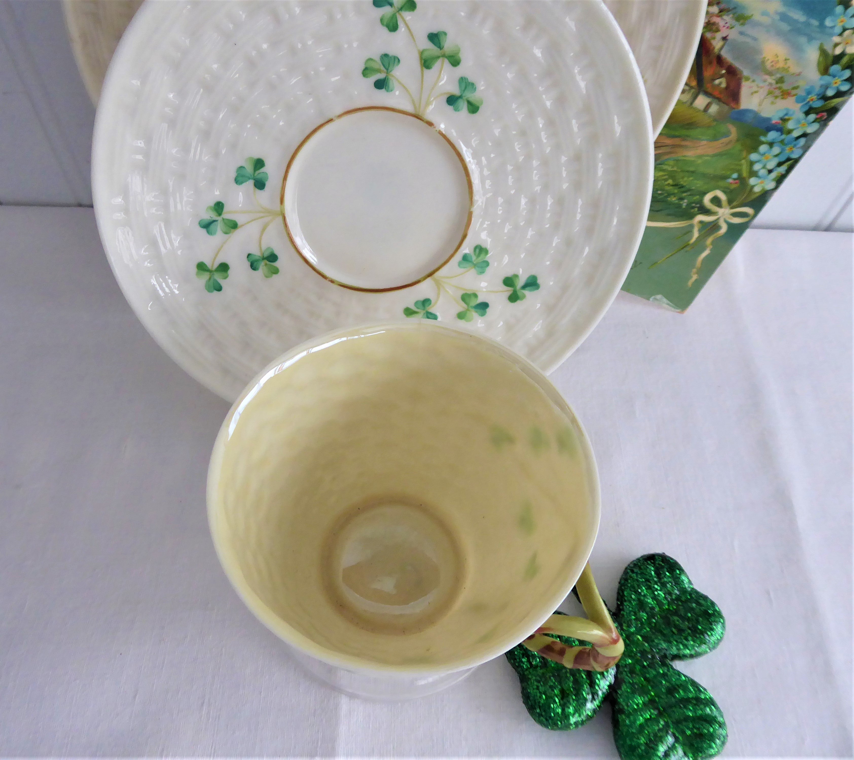 Vintage Irish Belleek Teacup Trio Set - Handcrafted Basket Weave Design with Shamrocks (1950s 4th Green Mark) - Perfect for Afternoon Tea, Collectible Irish Porcelain, Wedding Gift