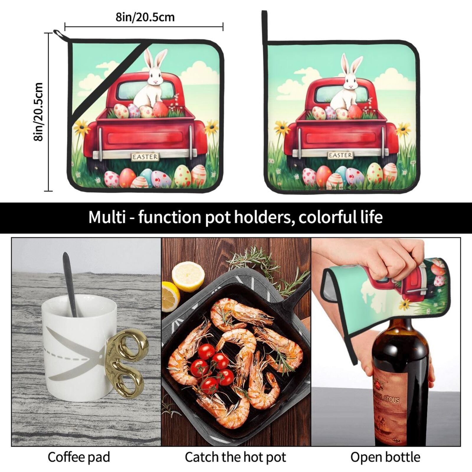 Easter Bunny Rabbit Red Truck Pot Holders Set of 2 - Heat Resistant Kitchen Hot Pads for Cooking, Baking, Grilling - Perfect for Easter Decor & Holiday Kitchen Gifts