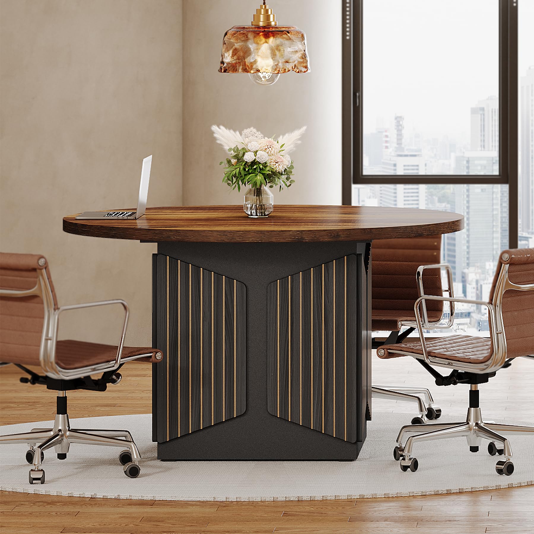 Tribesigns 47 Inch Round Conference Table - Multi-Purpose Meeting & Reception Table for 4 People - Office Conference Room Furniture for Small Business, Training & Seminars (Brown & Black) - Perfect for Meetings, Negotiations & Collaborative Workspaces