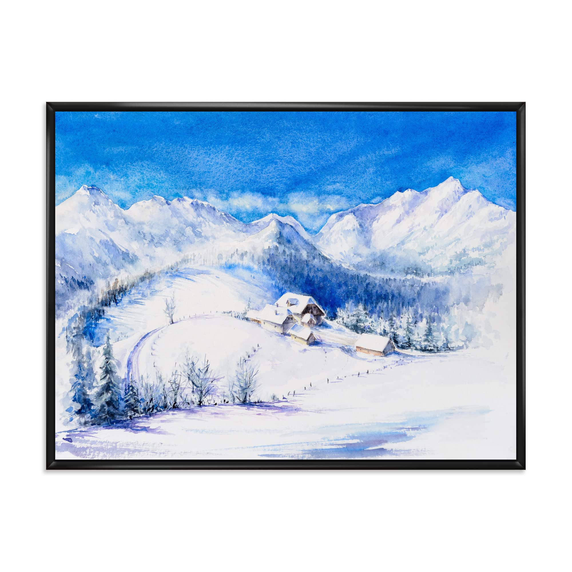 DesignQ Winter Mountain Landscape With Wooden House - Traditional Framed Canvas Wall Art Print for Living Room, Bedroom & Office Decor