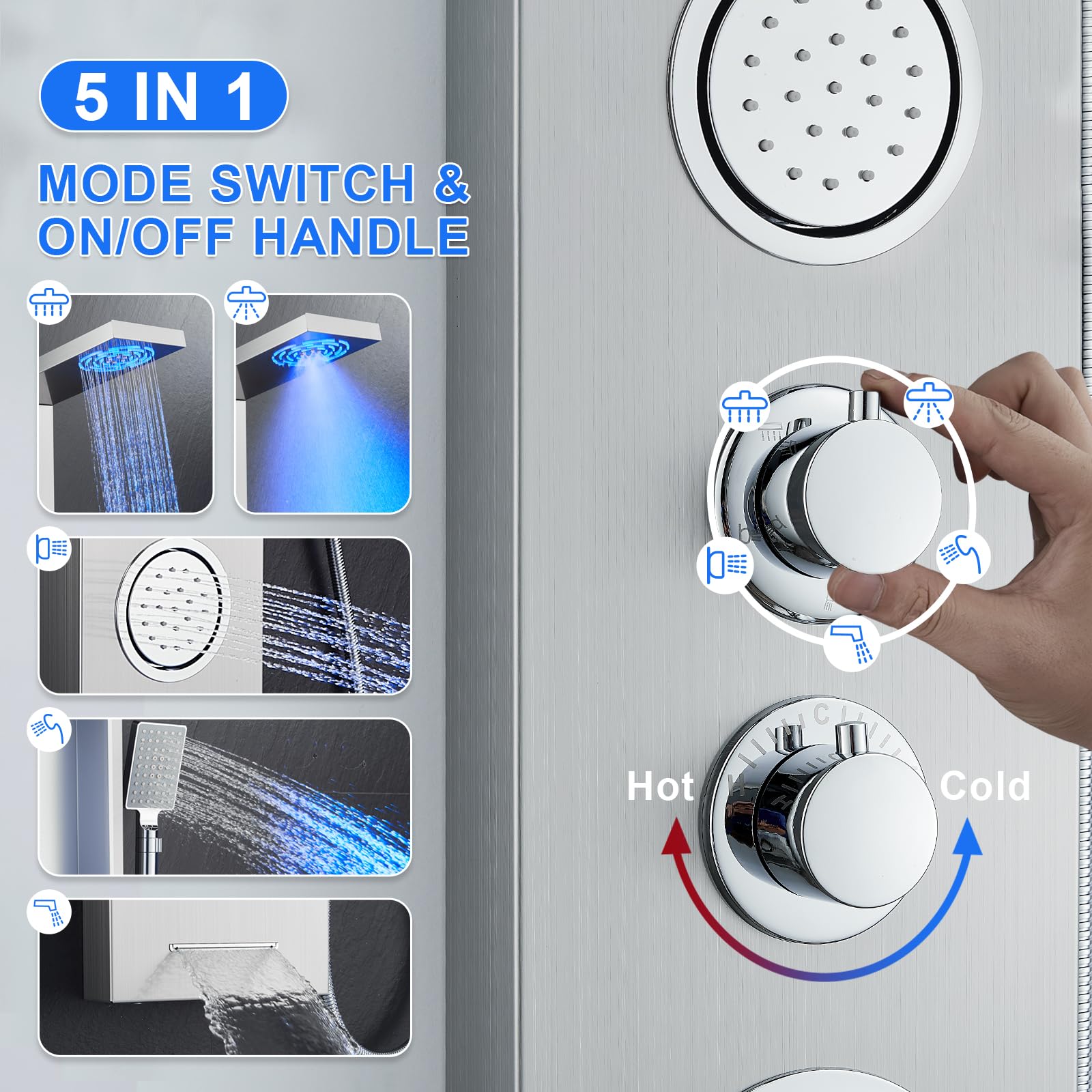 POPFLY Stainless Steel Shower Panel with LED Lights, Rainfall & Mist System - 2 Body Spa Jets, Shelf & Tap Spout - Brushed Nickel Finish for Luxury Bathroom Upgrade | Perfect for Spa-Like Experience at Home