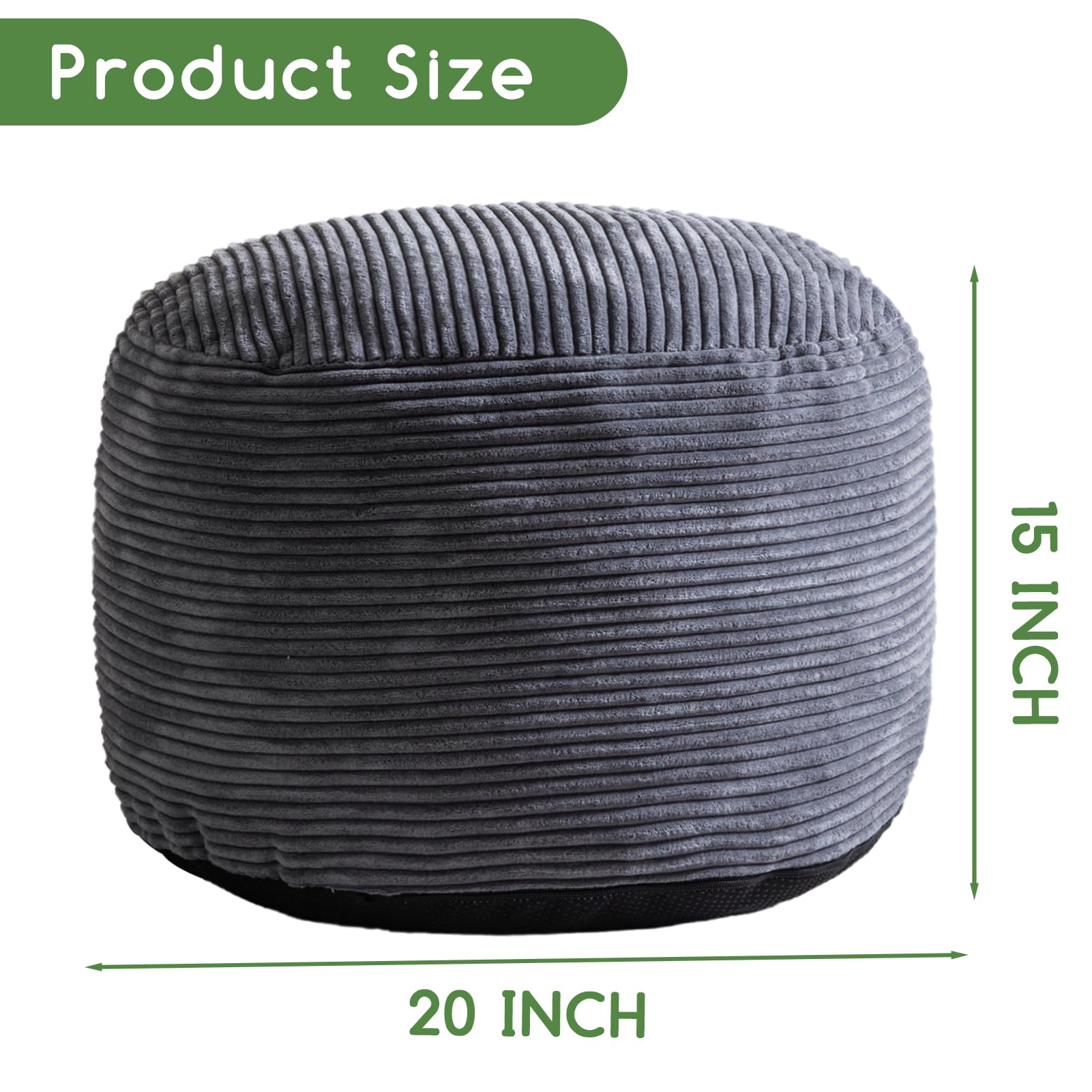 MAXYOYO Round Stuffed Pouf Ottoman - Corduroy Foam Filled Footrest, 20 x 15 Inch Dark Grey - Perfect for Living Room, Bedroom & Nursery Decor