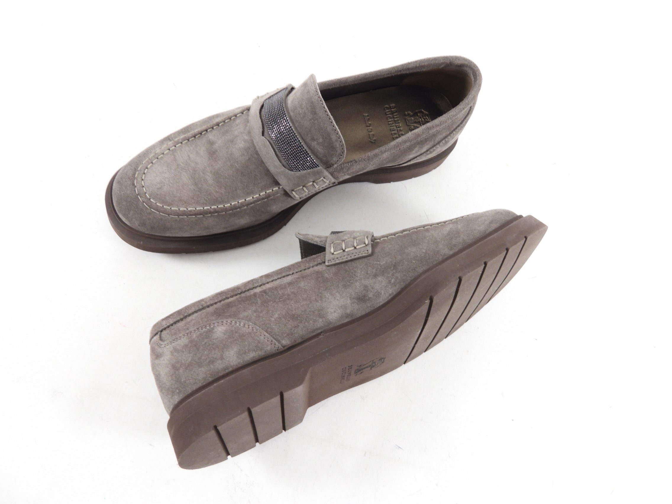 Brunello Cucinelli Grey Suede Monili Loafers Size 37 | Luxury Italian Leather Slip-On Shoes for Women | Perfect for Office, Travel & Special Occasions