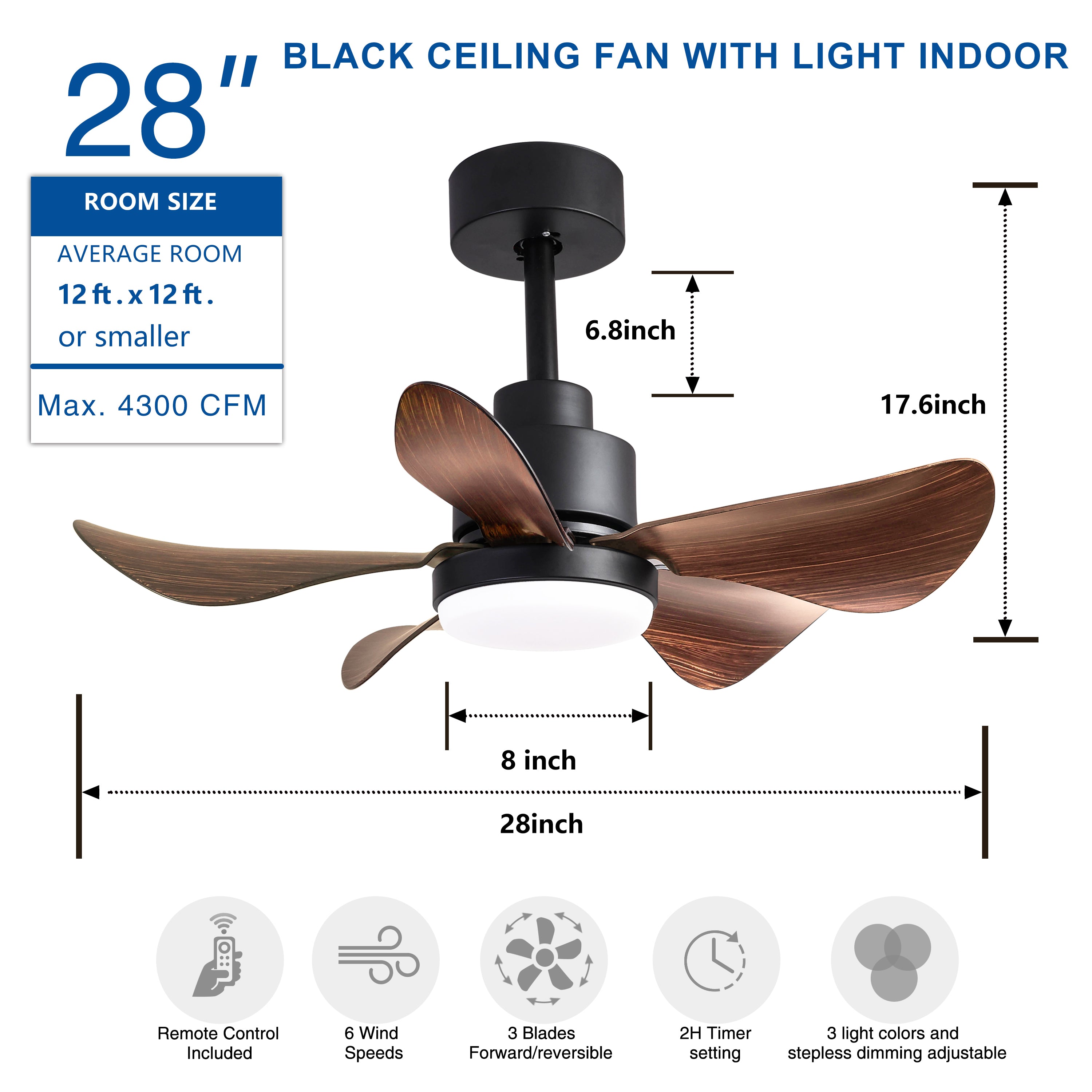 28 Inch Low Profile Ceiling Fan with Lights and Remote Control, Flush Mount Small Ceiling Fan with 5 Reversible Blades, 6 Speed Settings & 3 Color Temperatures - Perfect for Bedroom, Kitchen, Living Room and Office Spaces