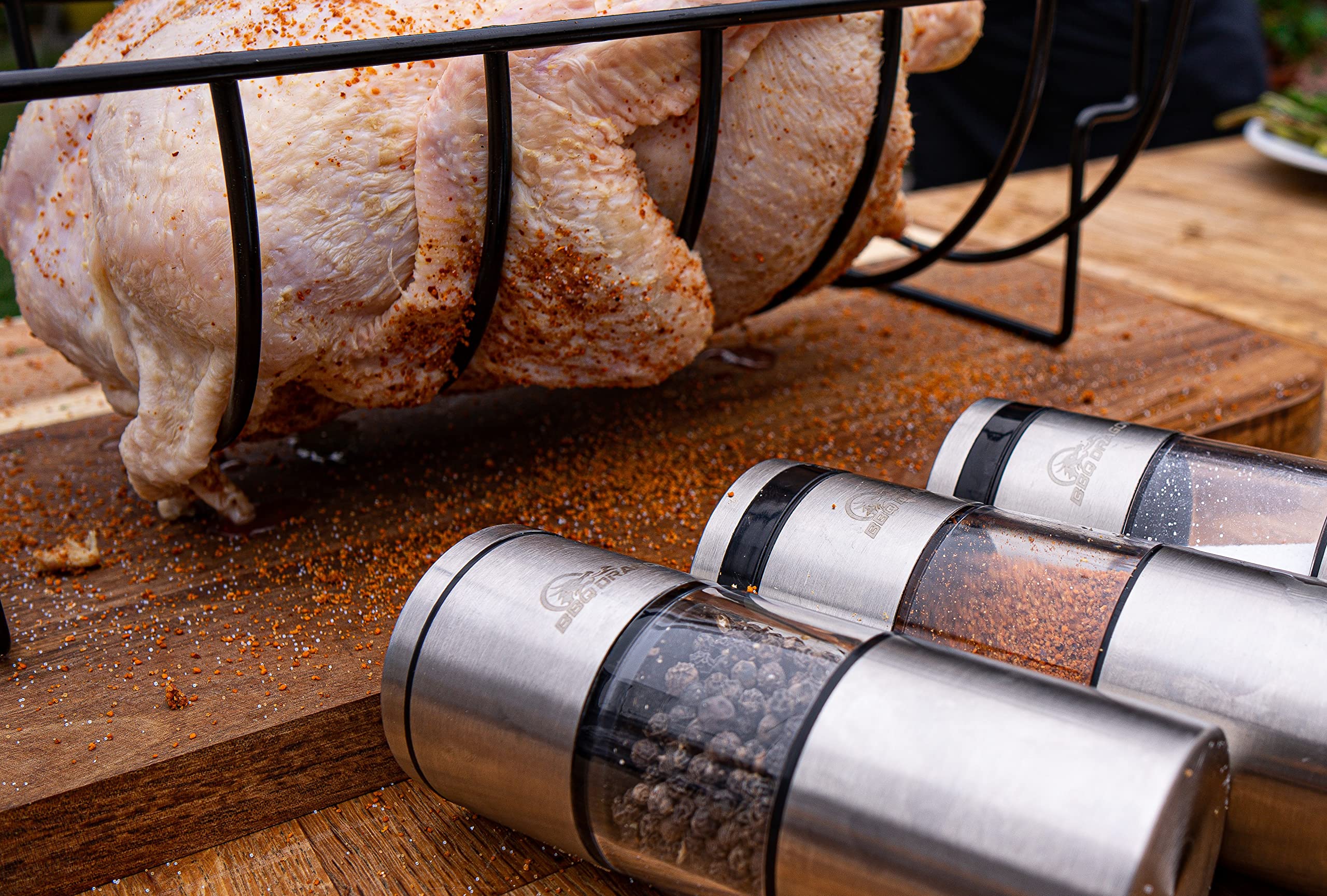 BBQ Dragon 3-Piece Magnetic Stainless Steel Salt and Pepper Shakers Set - Refillable Adjustable Grinder for Kitchen, Grill & Outdoor Cooking | Durable Spice Dispenser for BBQ, Camping & Dining Table