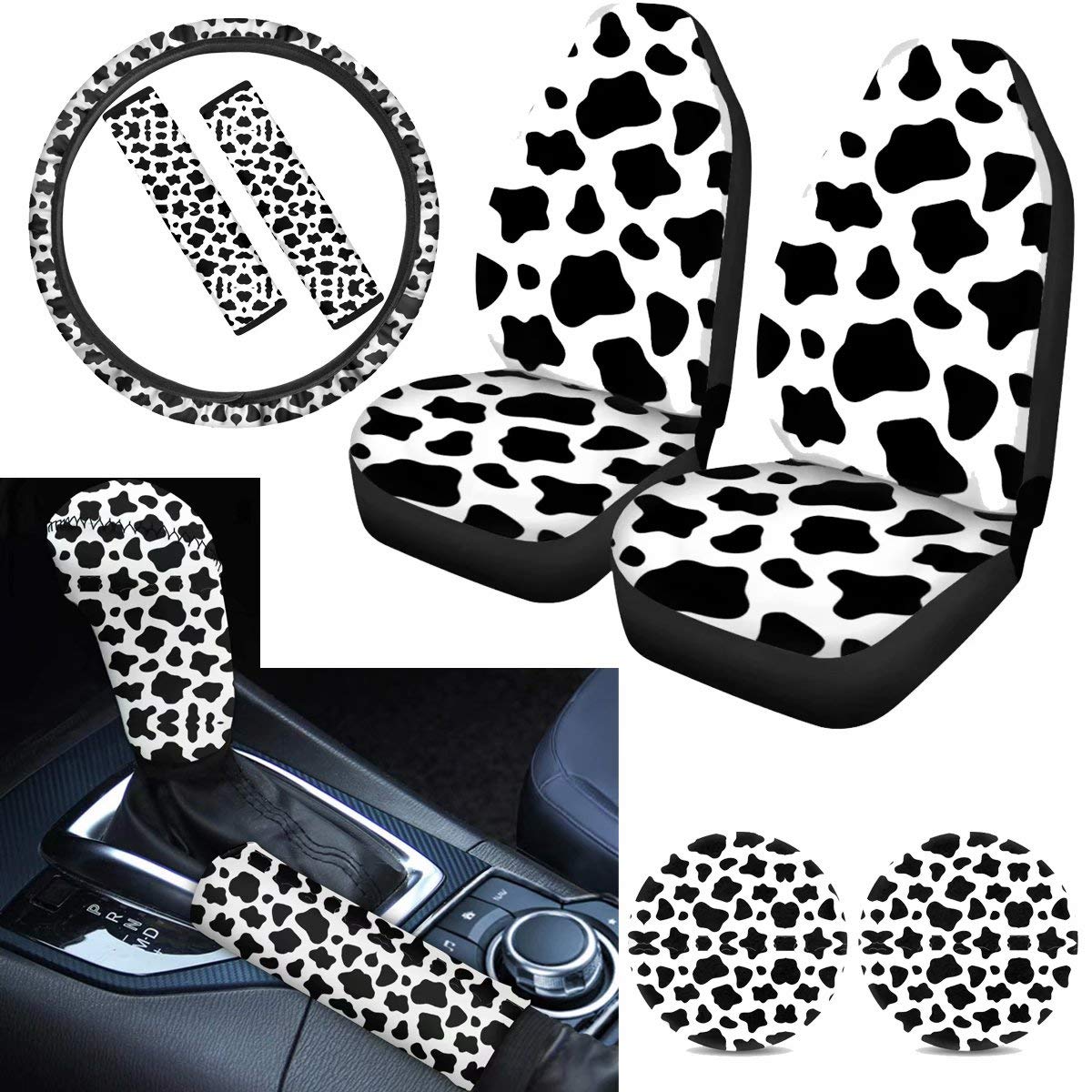 9-Pack Super Soft Cow Skin Car Seat Covers Set with Steering Wheel Cover - Universal Fit for Most Vehicles - Luxury Interior Upgrade
