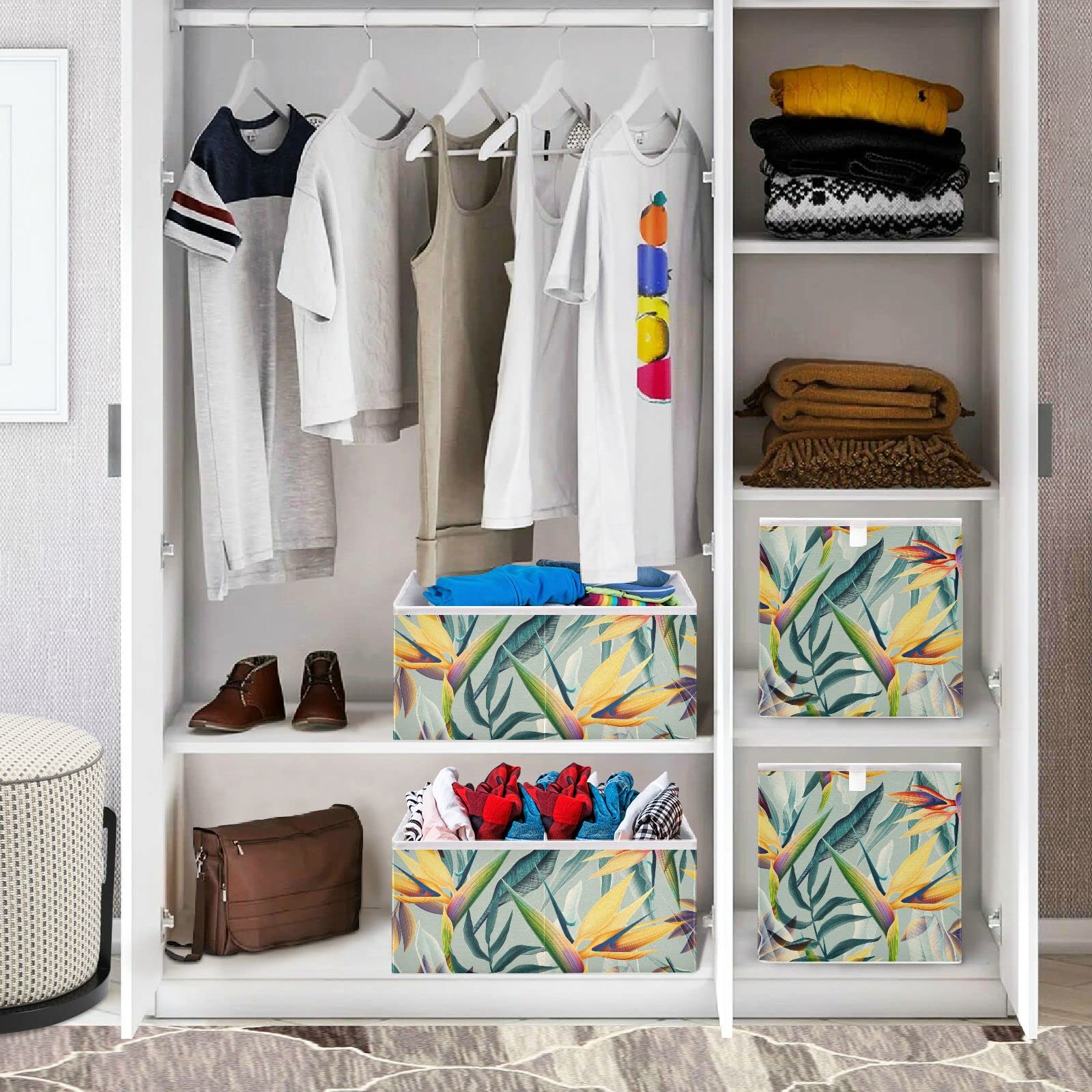 Seamless Tropical Flower Plant Leaf Square Collapsible Storage Bins | Foldable Toy Nursery Basket with Handles | Cloth Cube Organizer for Shelves & Closet | Perfect for Home Organization, Kids Room & Closet Storage