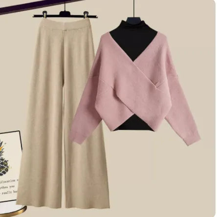 Women's Fall Winter Warm Knit Three Piece Set - Elegant V Neck Sweater, Basic Top & Wide Leg Knitted Pants Outfit for Office Ladies | Cozy Workwear & Casual Winter Fashion