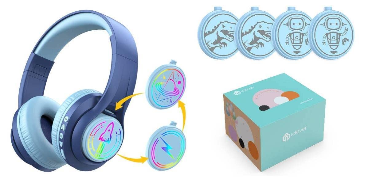 iClever TransNova Kids Bluetooth Headphones with 2 Interchangeable Plates (Dinosaur & Robot Design) - Wireless Headset for School, Travel & Gaming - Blue