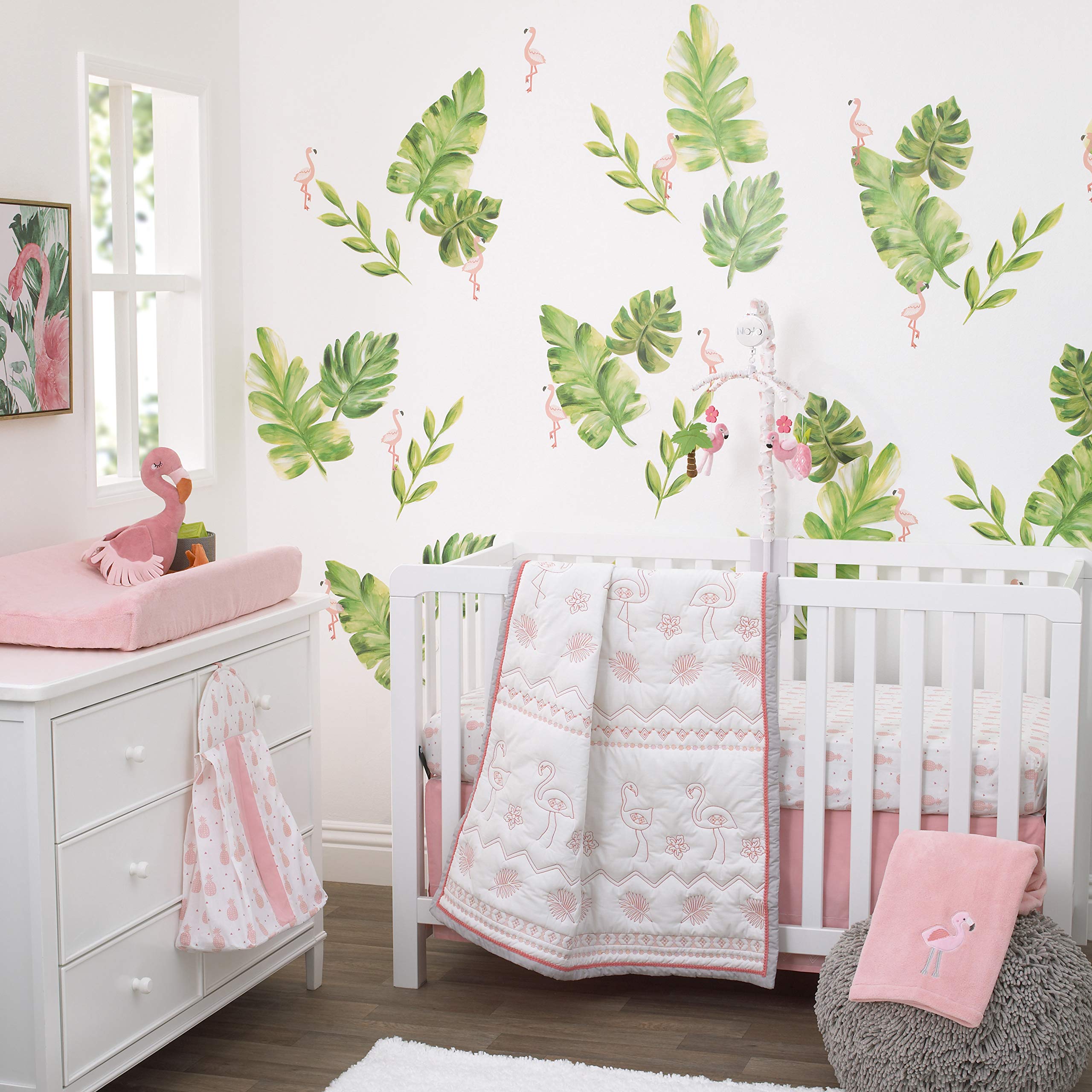 Nojo Tropical Flamingo Pink & White 100% Cotton 4-Piece Nursery Crib Bedding Set - Embroidered Quilt, Fitted Sheet, Dust Ruffle & Diaper Stacker - Soft Baby Crib Set for Girls & Boys - Perfect for Nursery Decor, Baby Shower Gift & Newborn Essentials