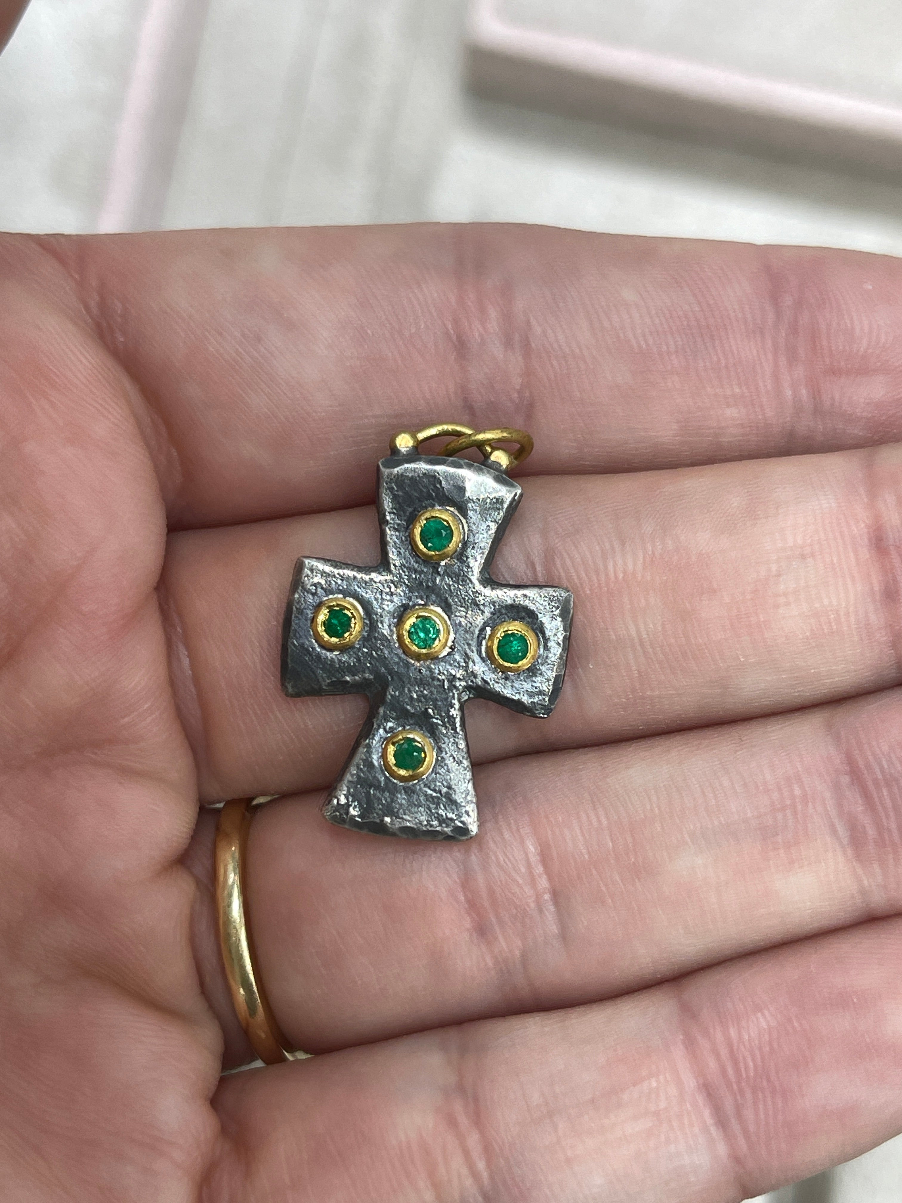 0.18tcw Byzantine 24K Gold & Sterling Silver Emerald Cross Pendant Necklace for Women - Elegant Religious Jewelry Gift for Baptism, First Communion & Christmas