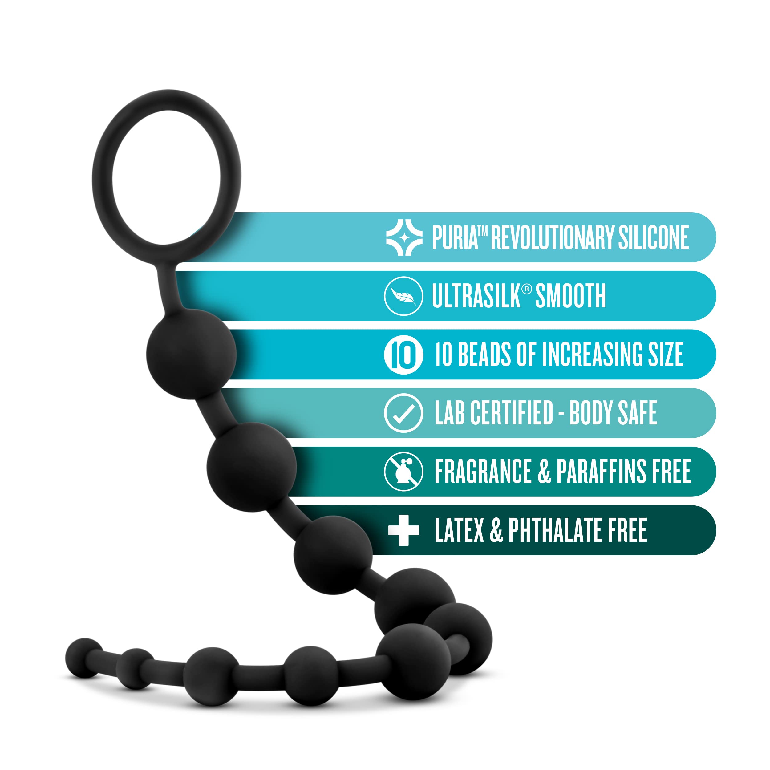 Blush Novelties Anal Beads for Women & Men - UltraSilk Silicone 10 Graduated Beads - 12.5 Inch Anal Training Toy for Beginners & Couples - Smooth Satin Finish - Black | Perfect for Solo Play & Partnered Adventures