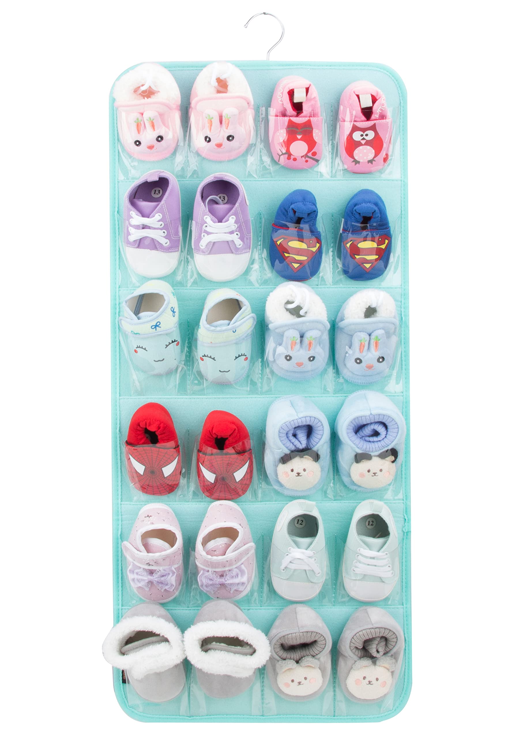PACMAXI Over The Door Hanging Baby Shoe Organizer - Holds 12 Pairs of Boys & Girls Shoes, Felt Material in Mint Green - Perfect for Nursery, Closet & Small Space Organization