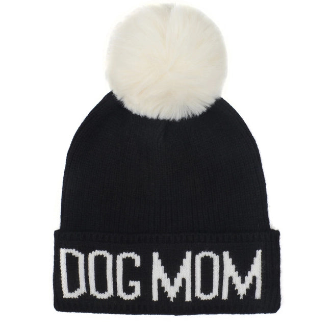 Dog Mom Pompom Knit Beanie - Cute Winter Hat for Dog Lovers - Perfect for Cold Weather, Outdoor Activities & Pet Photoshoots
