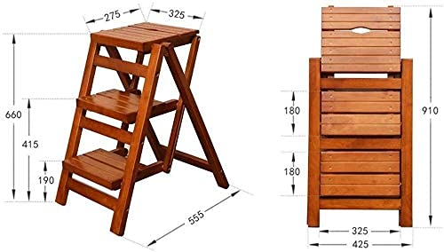 3-Tier Solid Wood Folding Step Stool - Multifunctional Kitchen Ladder Stool with Display Shelf for Home Use (Brown) - Perfect for Reaching High Shelves, Kitchen Storage, and Home Decor