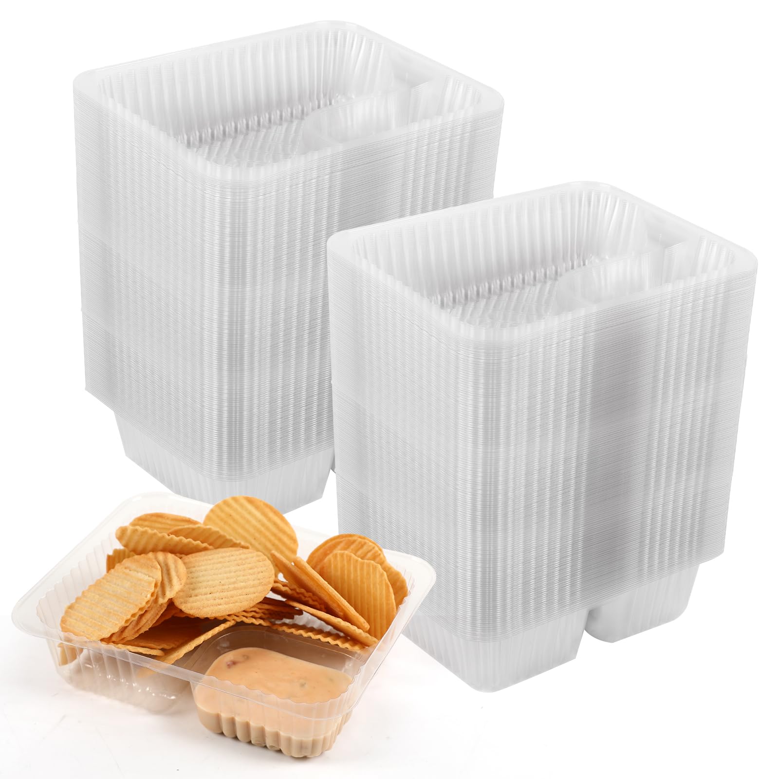 200 Pcs 12oz 6x5 Inches Clear Plastic Nacho Trays - 2 Compartment Disposable Snack Containers for Nachos, Cheese Dip, Chips | Perfect for Movie Nights, Parties, Carnivals & Fair Food Serving