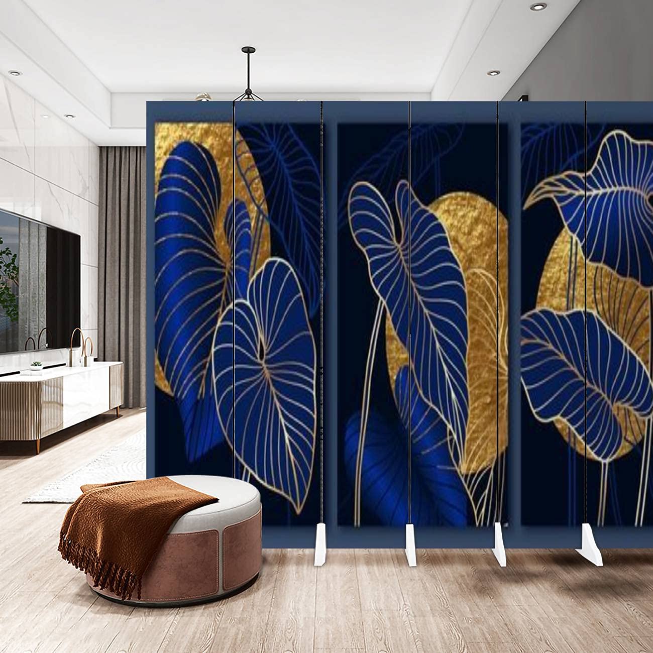 Luxury 6-Panel Canvas Room Divider Screen with Dark Blue & Gold Texture - Golden Sun Moon Design - Folding Privacy Partition for Bedroom, Office & Living Room Separator