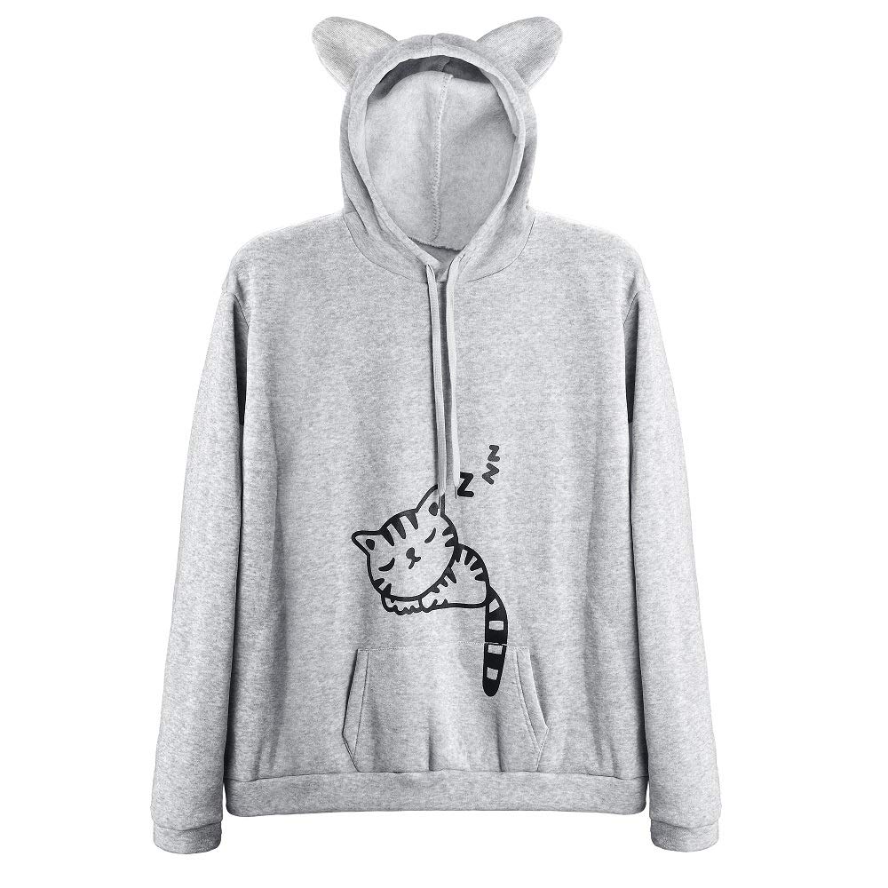Cute Cat Ear Hoodie for Women & Teen Girls - Soft Pullover Sweatshirt with Sleeping Cat Print - Cozy Lounge Wear for Sleepovers & Casual Outings