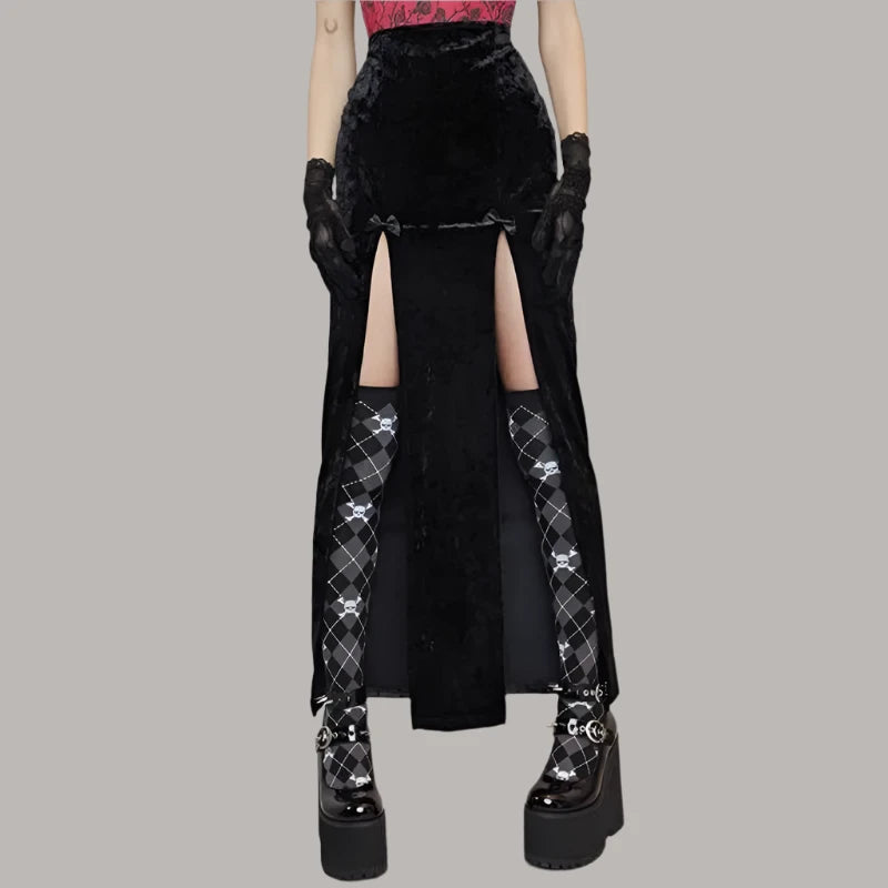Gothic Punk High Waist Long Skirt for Women - Winter Velvet Black Sexy Skirt with Double Slit | Alt Fashion A-Line Maxi Skirt | Perfect for Gothic Parties, Concerts, and Dark Fashion Outfits (Style P80 CZ22)
