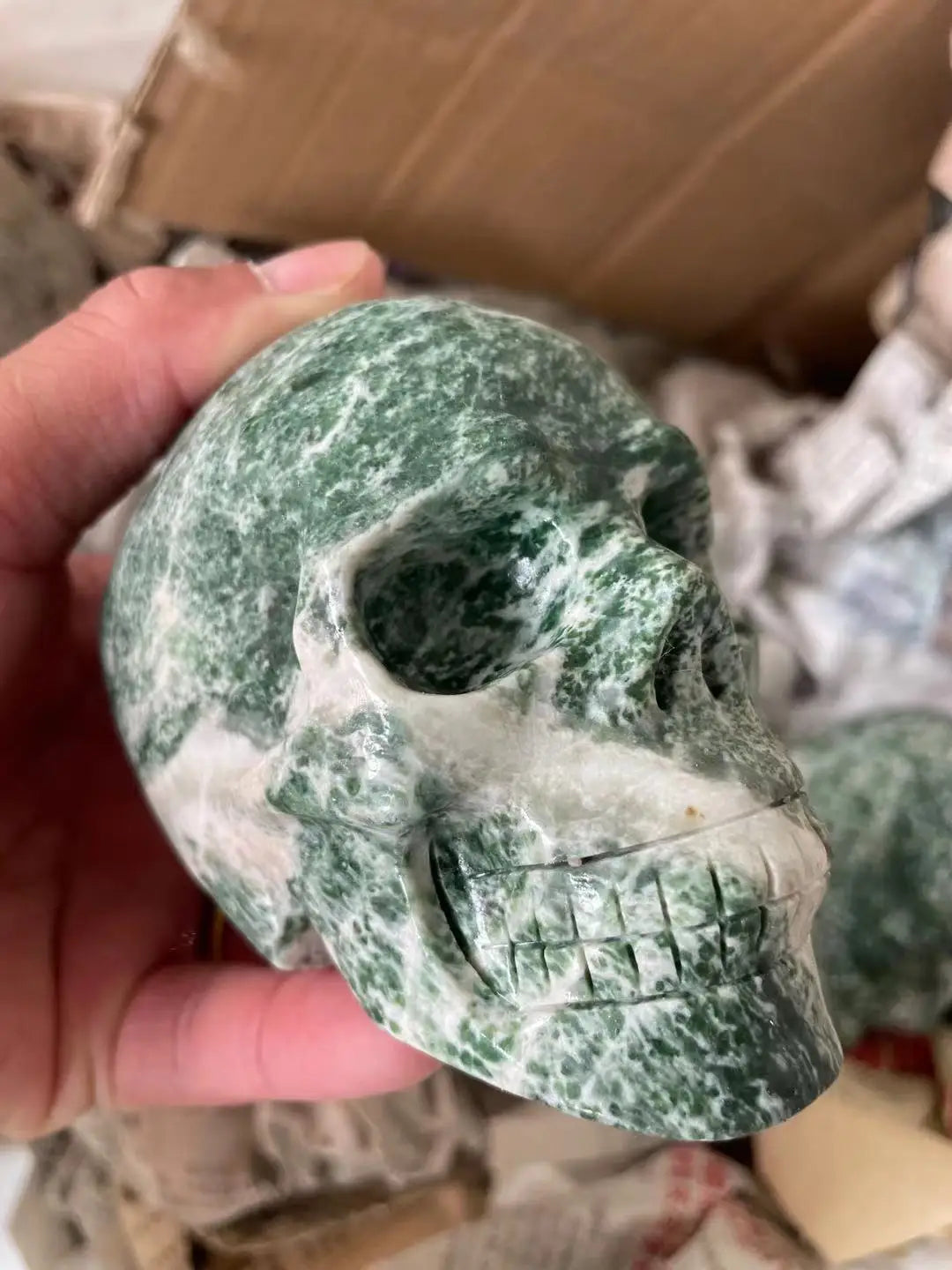African Green Skull Statuettes - Hand-Carved Natural Stone Sculptures for Home Decor & Mineral Healing | Unique Gothic Art Collection for Meditation, Altar, or Spiritual Spaces