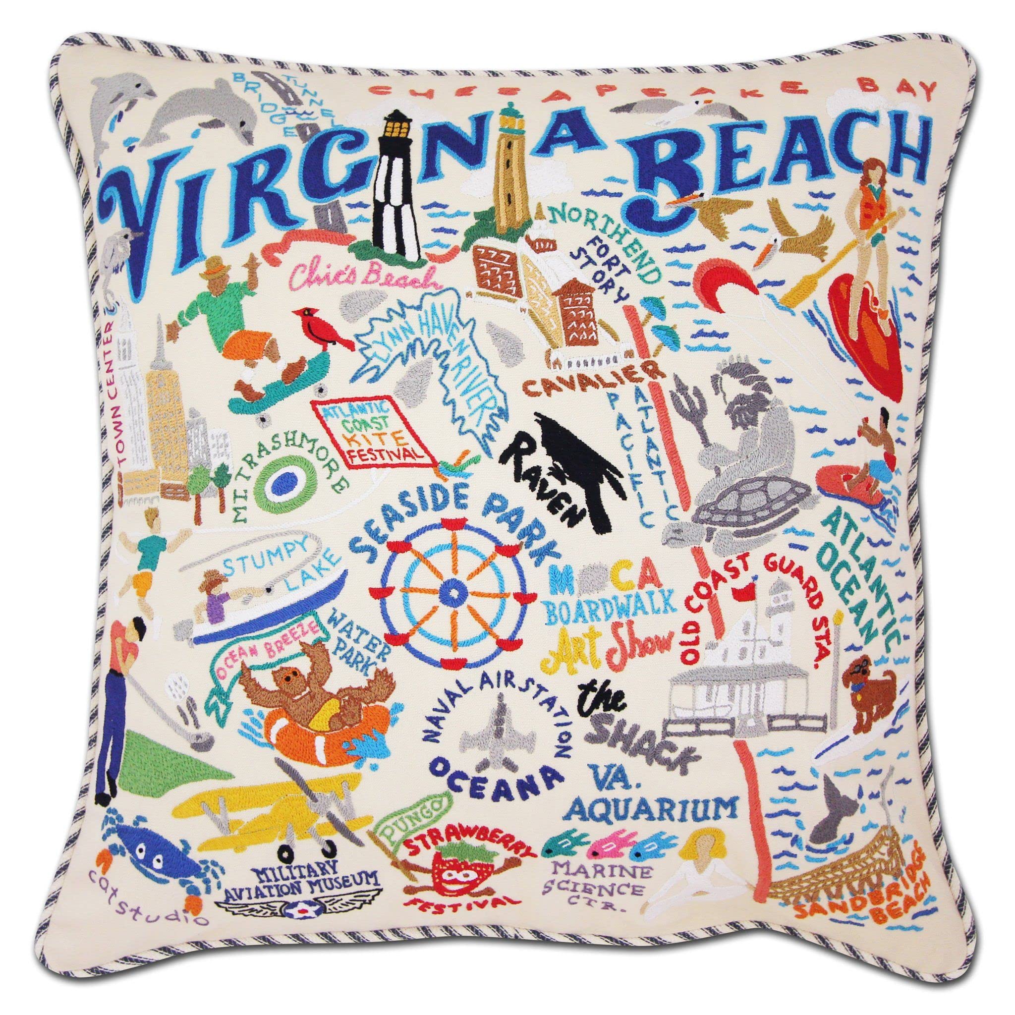 Catstudio Virginia Beach Embroidered Decorative Throw Pillow - Coastal Home Decor Accent for Sofa, Bed & Porch