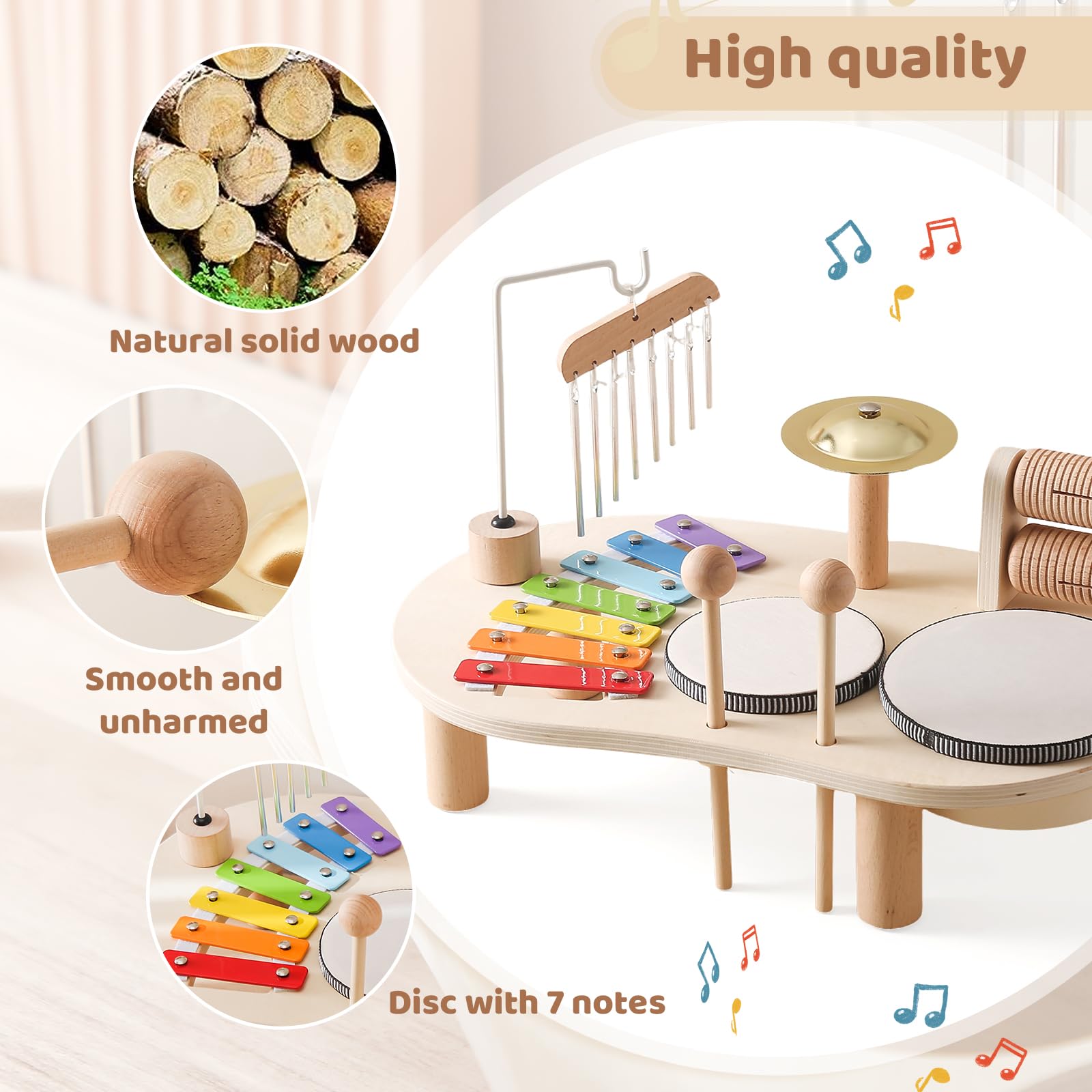 **Promise Babe Wooden Musical Instruments for Toddlers 1-3 Years - Kids Percussion Set with Drum & Xylophone - Montessori Educational Toys for Boys & Girls Ages 3+ - Perfect for Early Learning, Playtime & Birthday Gifts**