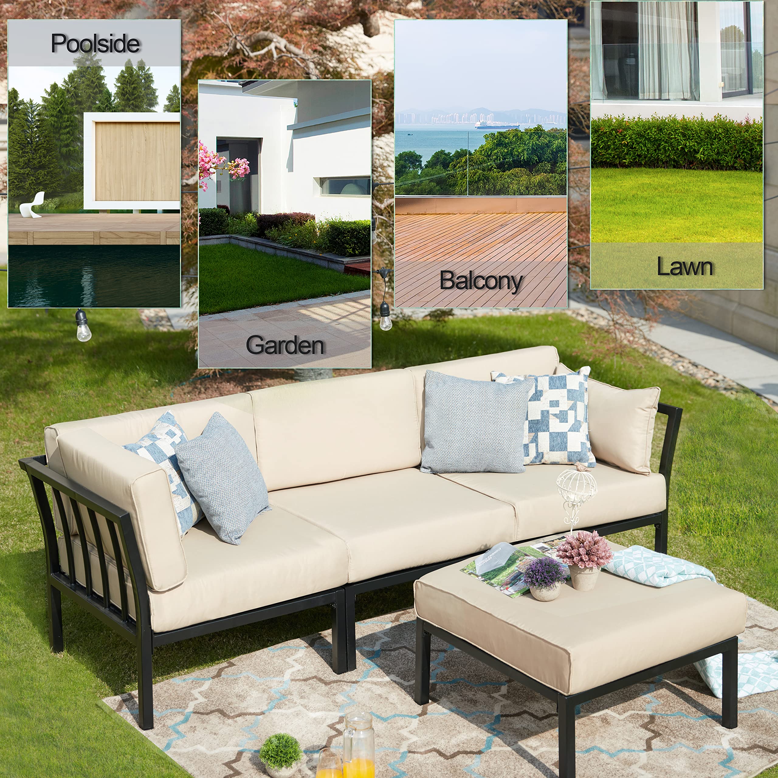 LOKATSE HOME 4-Piece Outdoor Patio Furniture Set - Waterproof Wicker Sectional Sofa with 2 Corner Chairs, 1 Armless Chair & Ottoman - Khaki Cushions - Perfect for Backyard, Garden, Poolside & Patio Relaxation