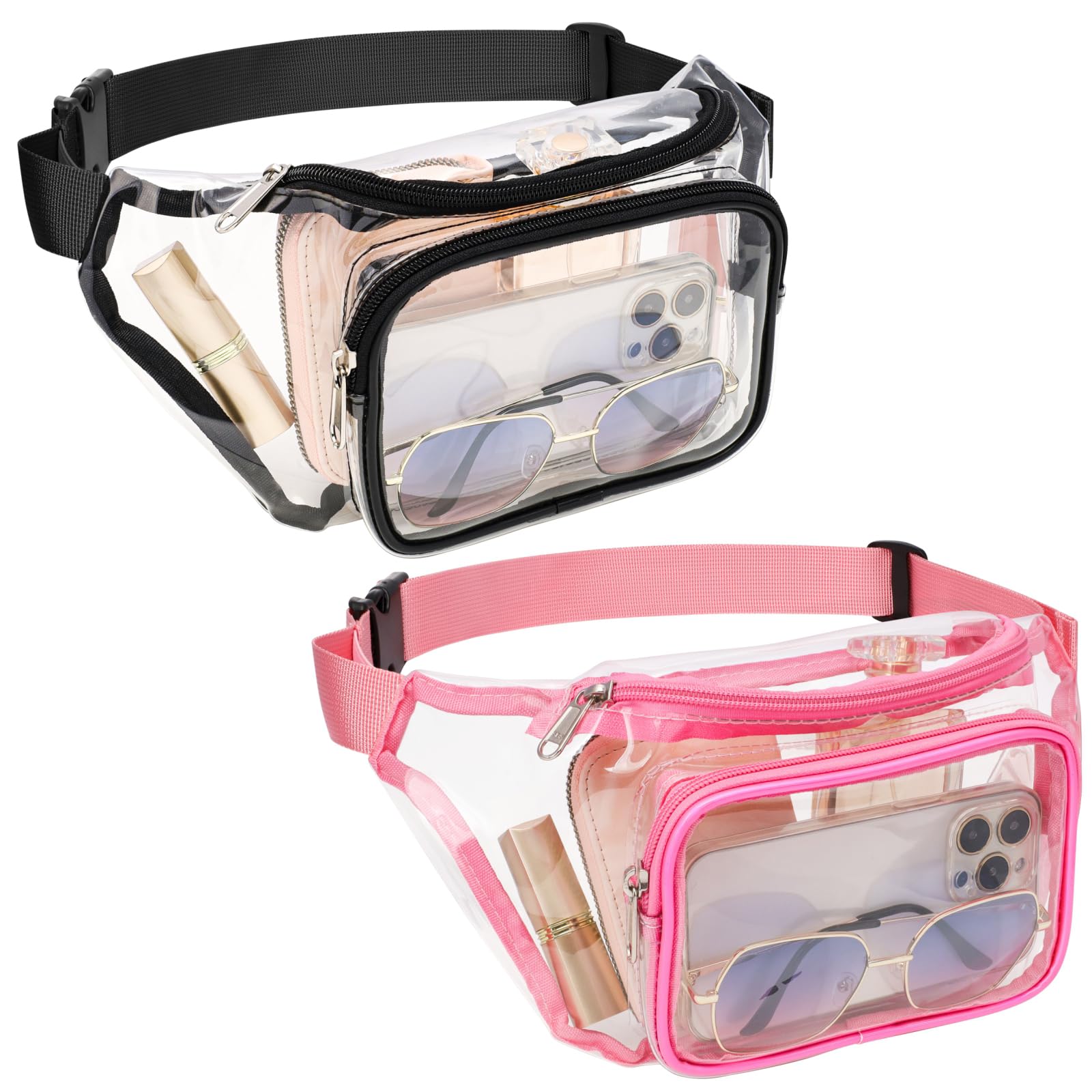 Veckle 2 Pack Clear Fanny Pack - Adjustable Waist Bag for Women & Men | Stadium Approved, Water-Resistant Belt Bag for Sports Events, Travel, Beach & Concerts | Perfect for Security Checks & Outdoor Activities (Black + Pink)