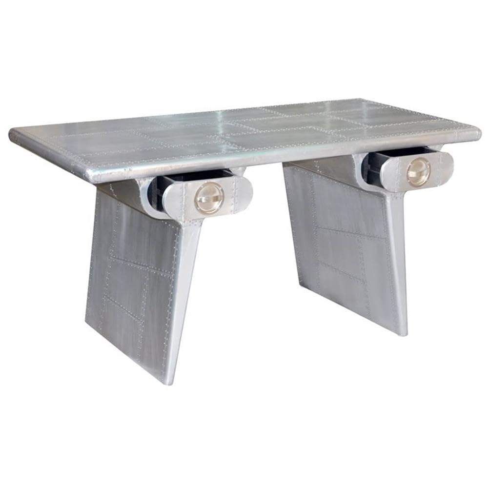 Moti Pilot Solid Wood Aluminum Clad 2-Drawer Writing Desk in Silver - Modern Home Office Desk for Small Spaces & Study Rooms