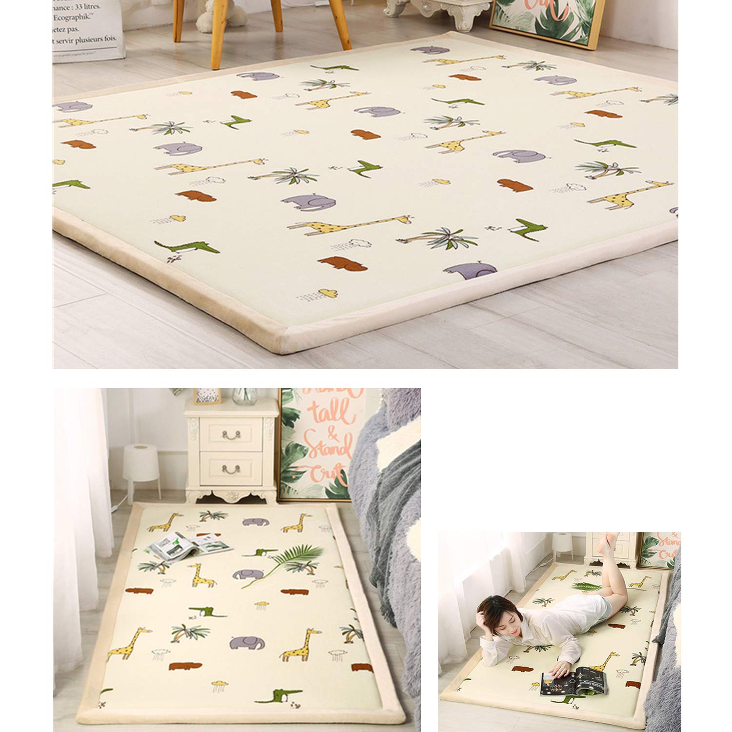 Loartee Soft Thick Coral Velvet Play Mat for Kids - 5x5 Feet Non-Toxic Anti-Skid Nursery Rug with Jungle Animals Design, Light Yellow Crawling Mat for Toddlers & Infants - Perfect for Playroom, Daycare, and Baby's First Steps (150x150cm)