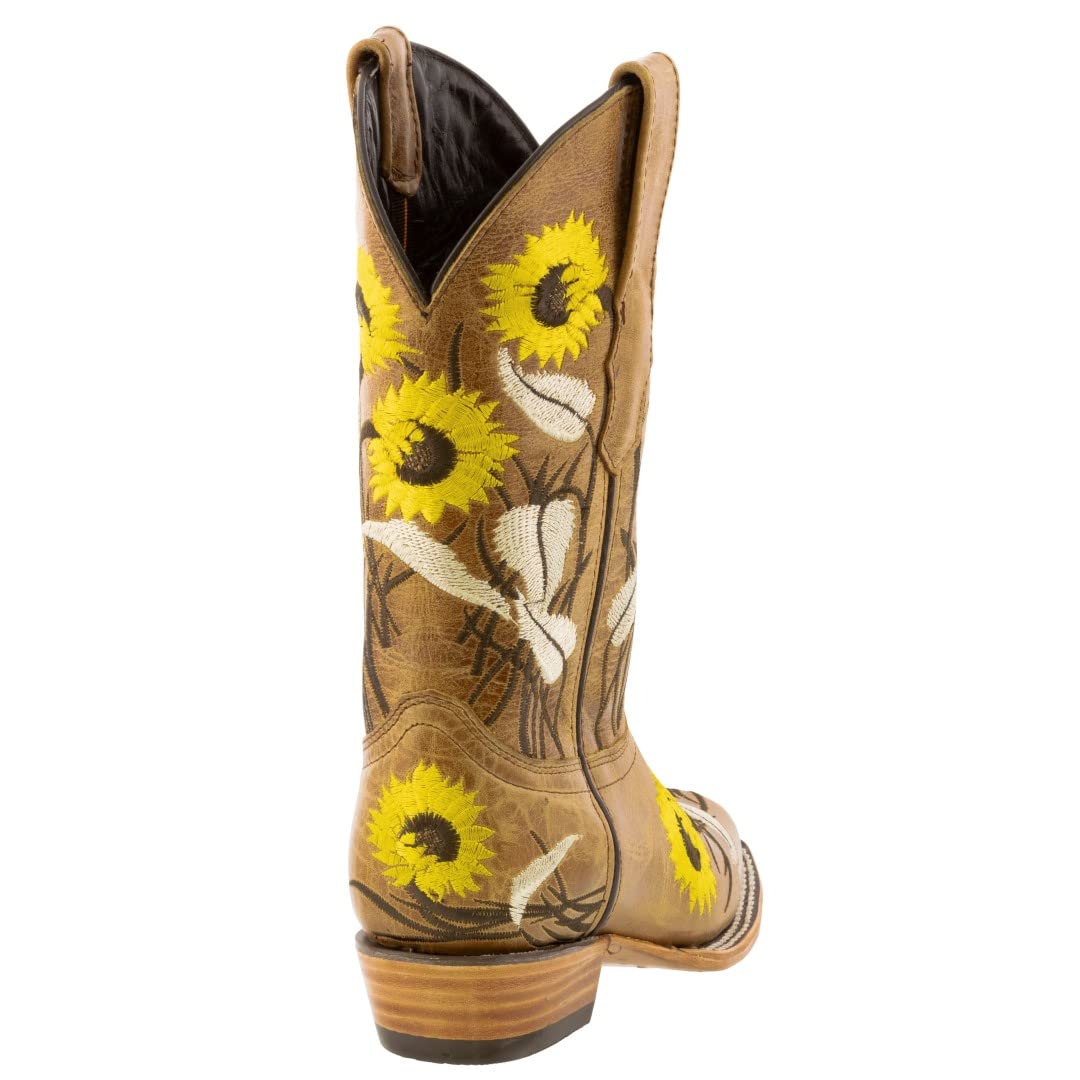 Texas Legacy Women's Honey Brown Western Boots - Sunflower Embroidered Leather Square Toe Cowgirl Boots for Country Dancing, Rodeo & Western Fashion