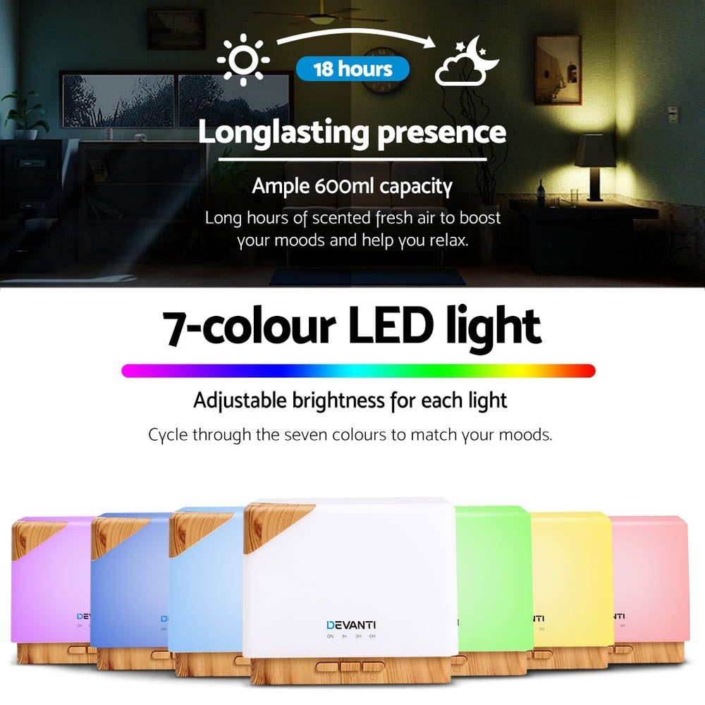 DEVANTi 600ml Aroma Diffuser, Essential Oil Diffuser with Humidifier & Night Light - Perfect for Home, Office, Yoga & Relaxation