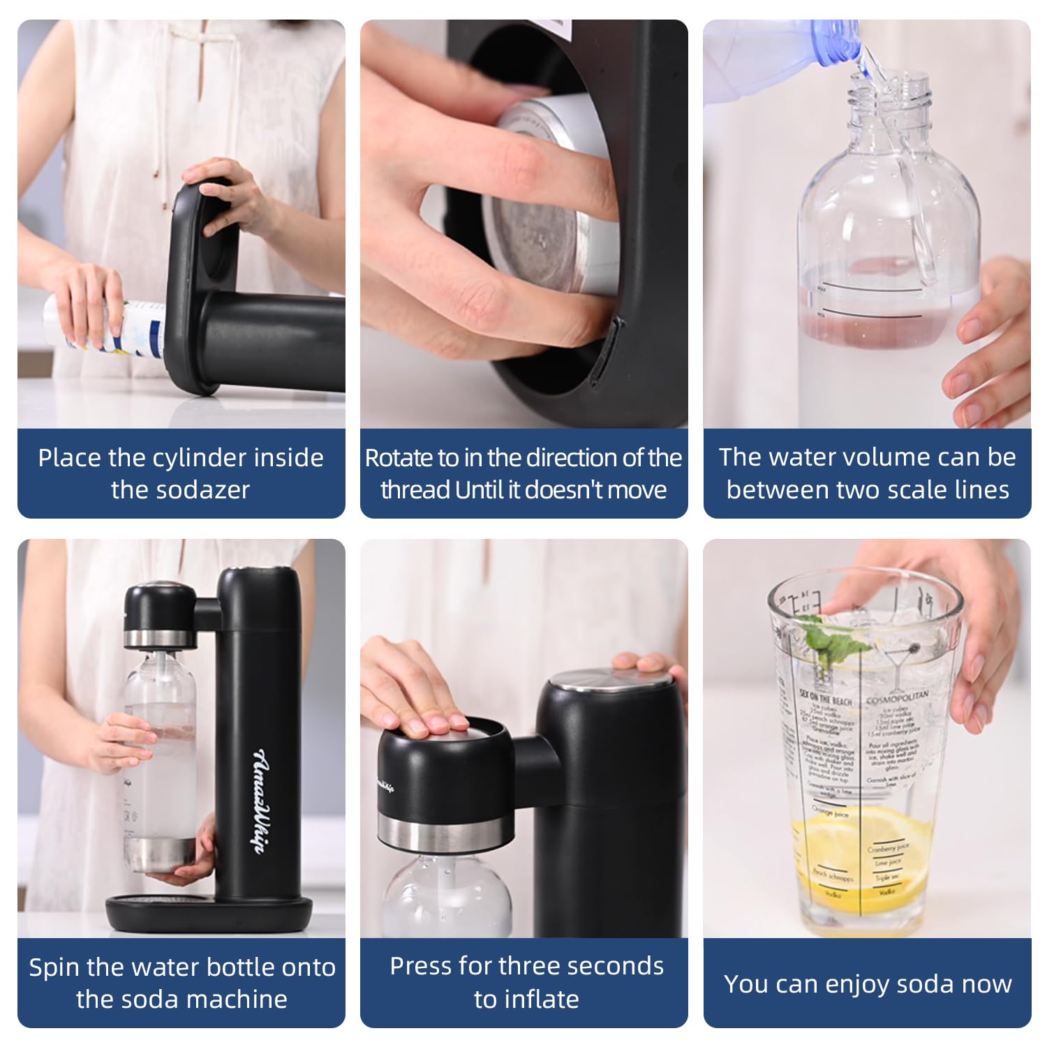 Premium Sparkling Water Maker Machine with CO2 Gas Canisters & 1L Water Bottles - Home Carbonated Drink Maker for Healthy Soda, Sparkling Juice & Cocktails (Black, Includes 2 Canisters) - Perfect for Kitchen, Office, Parties & Home Bar Use