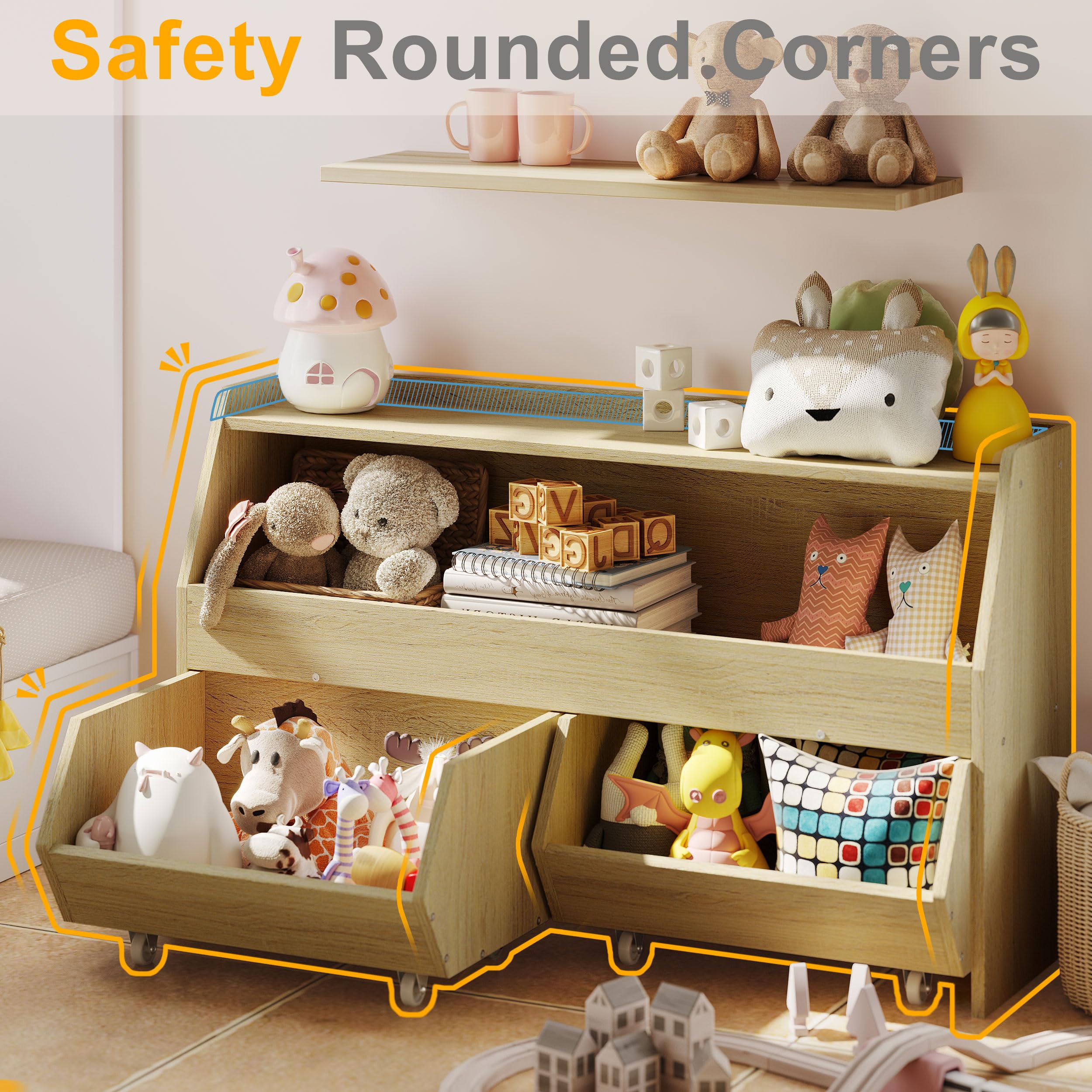 Kids Toy Storage Organizer with Wheels & Drawers - Sturdy Toy Cabinet & Bookshelf for Nursery, Playroom, Bedroom - Perfect for Organizing Toys, Books & Games (Burlywood)